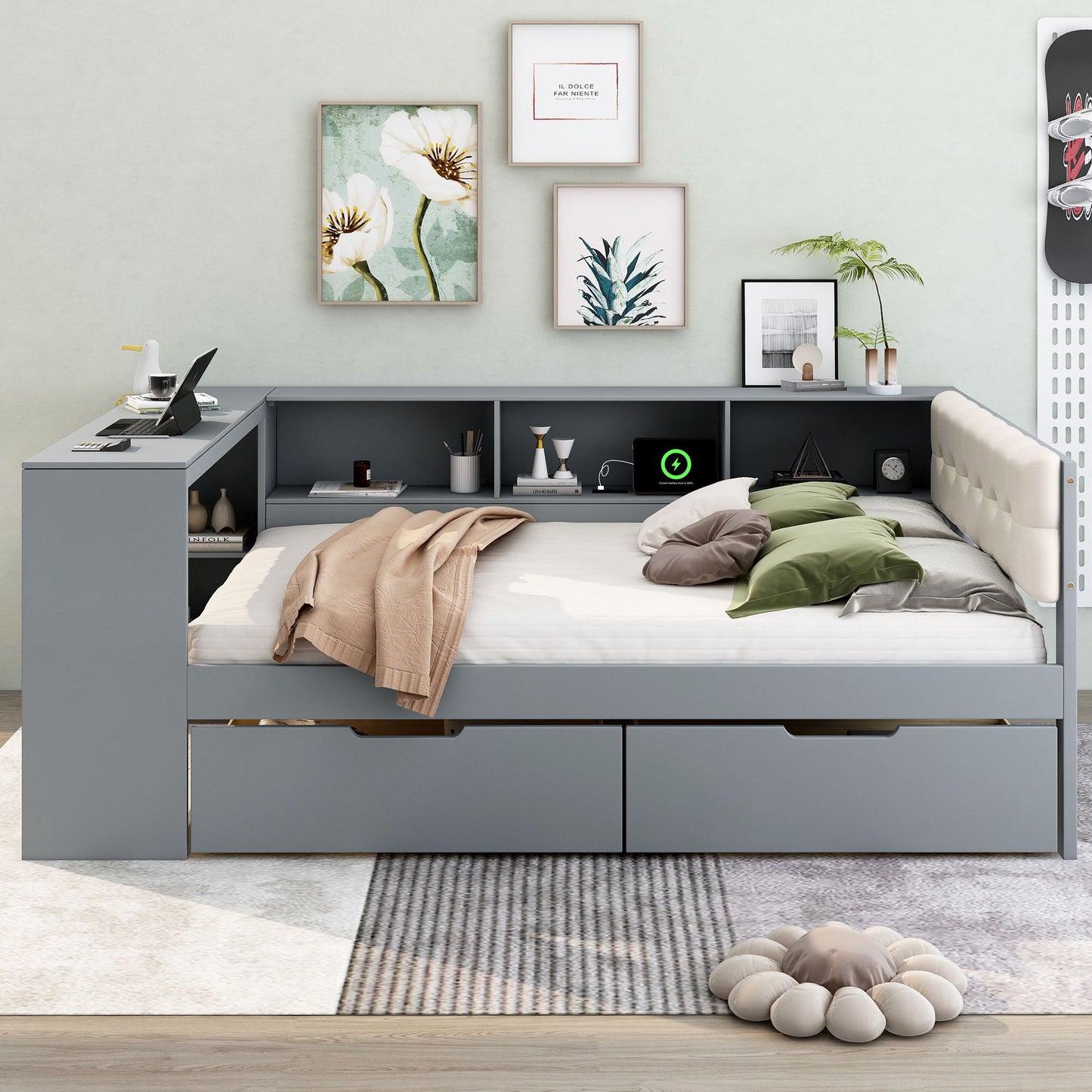 Upholstered Headboard Platform Bed With Storage Shelves, Drawers, Charging Station - The Sleep Loft - Online Mattress Showroom NYC