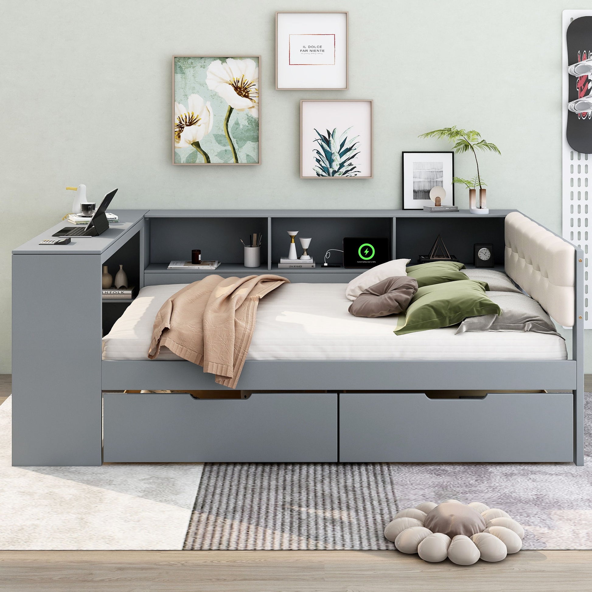 Upholstered Headboard Platform Bed With Storage Shelves, Drawers, Charging Station - The Sleep Loft - Online Mattress Showroom NYC