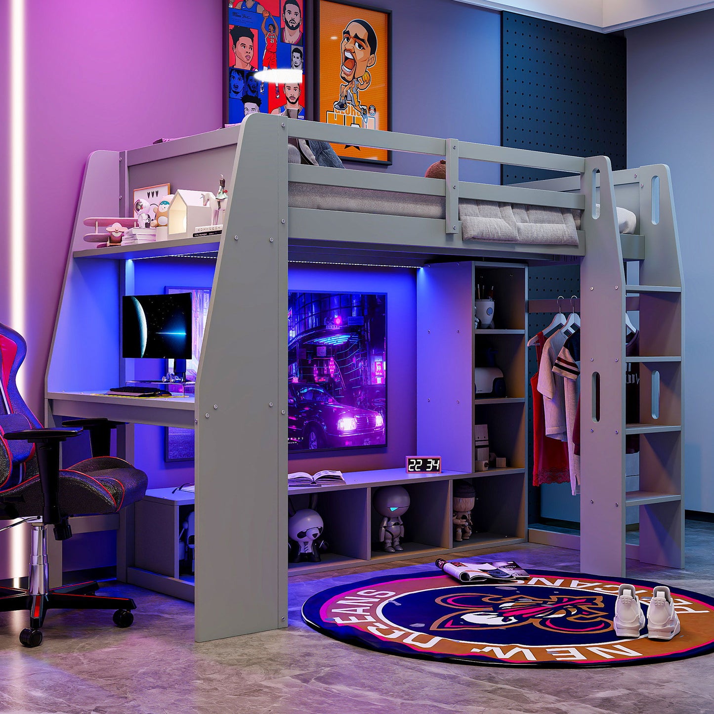 Gaming Loft Bed With Desk, Multi Storage Shelves, LED Lighting, And Hanging Clothes Rack - The Sleep Loft - Online Mattress Showroom NYC