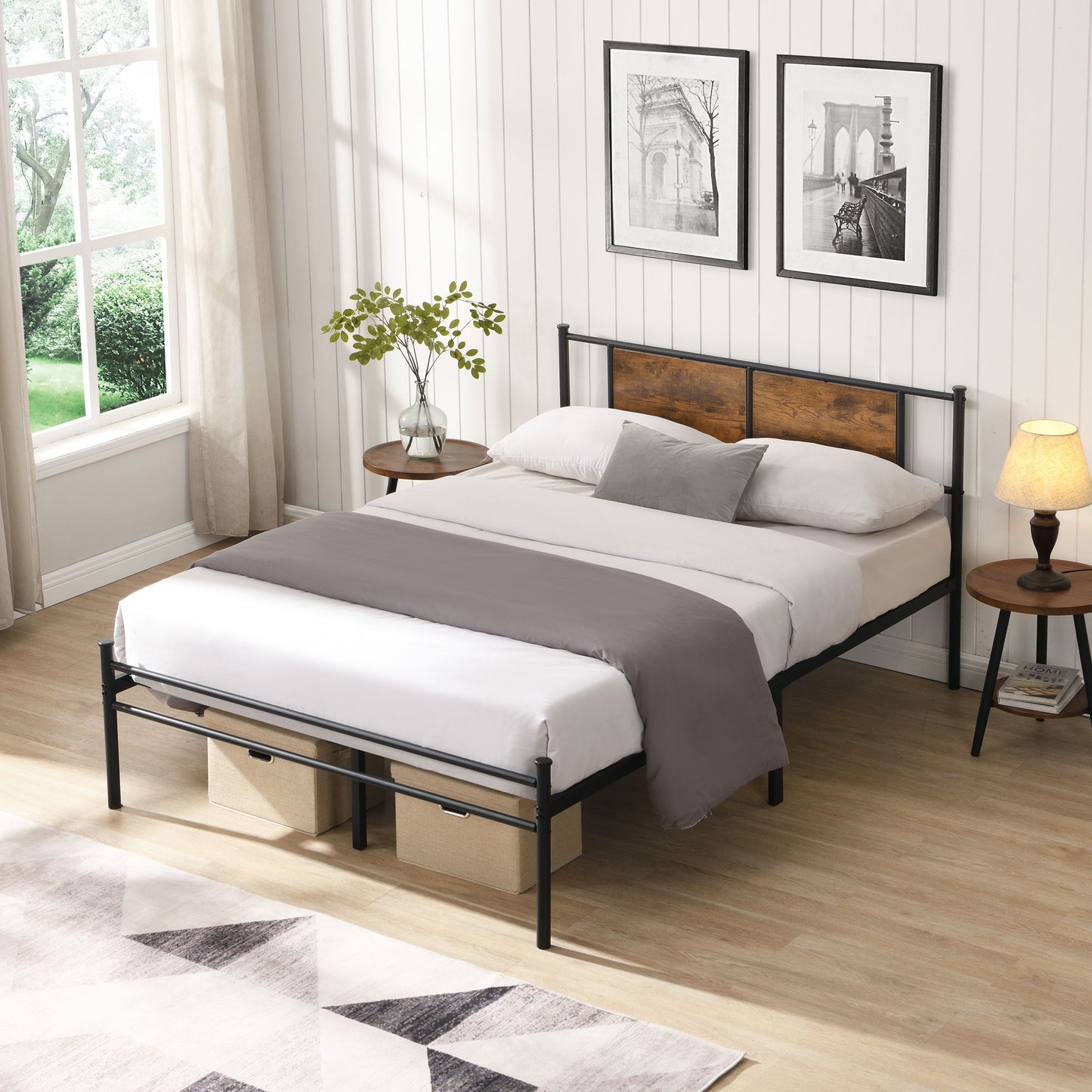 Modern Metal Bedframe With Headboard, Durable Steel Structure