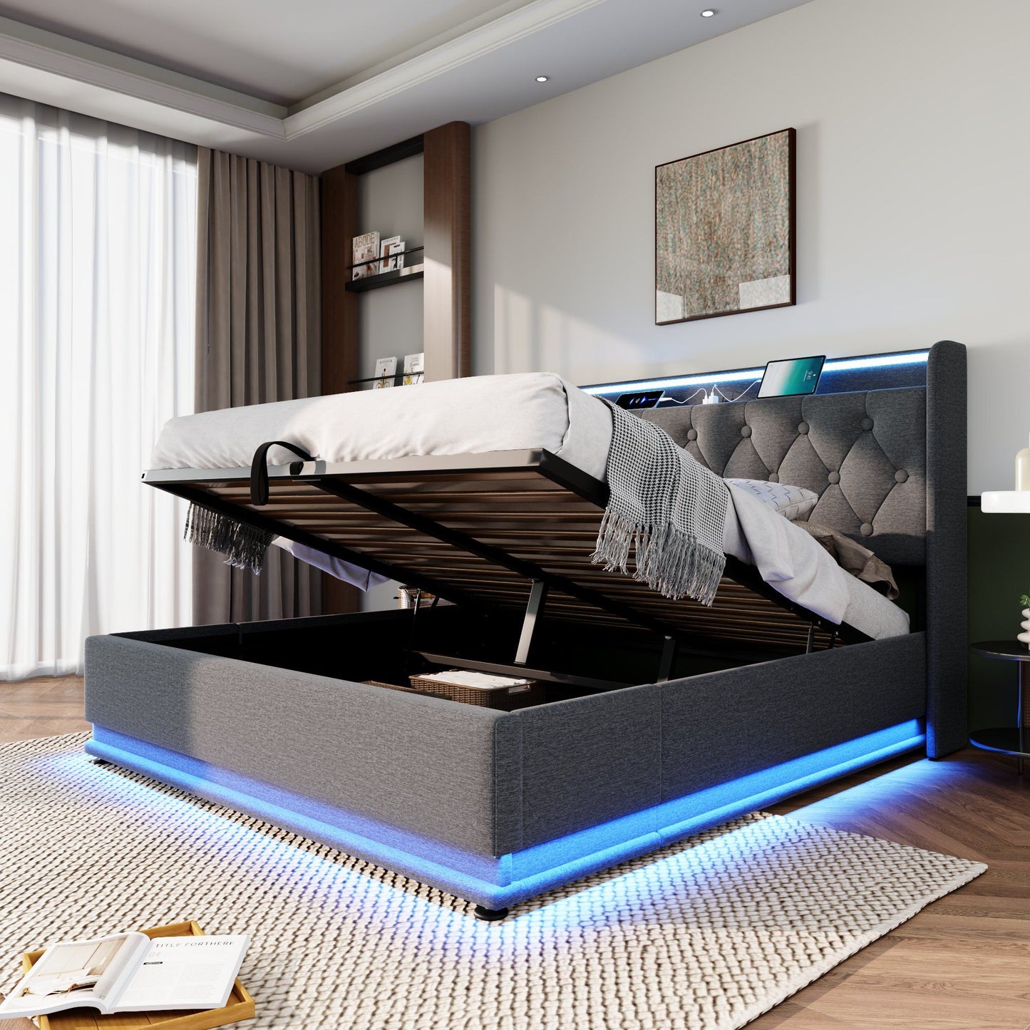 Upholstered Bed, 360 Surround LED Function, Remote Control, Hydraulic Storage Bed With USB, Type-C Charging (Without Mattress) - The Sleep Loft - Online Mattress Showroom NYC
