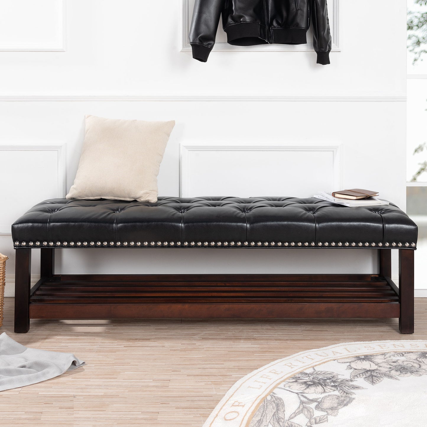 Bedroom End Of Bed Bench Tufted Upholstered End Of Bed Bench End Of Bed Entrance Shoe Bench With Nailhead Trim And Shelf Bedroom Upholstered Bench Living Room Shoe Rack Footstool - The Sleep Loft - Online Mattress Showroom NYC