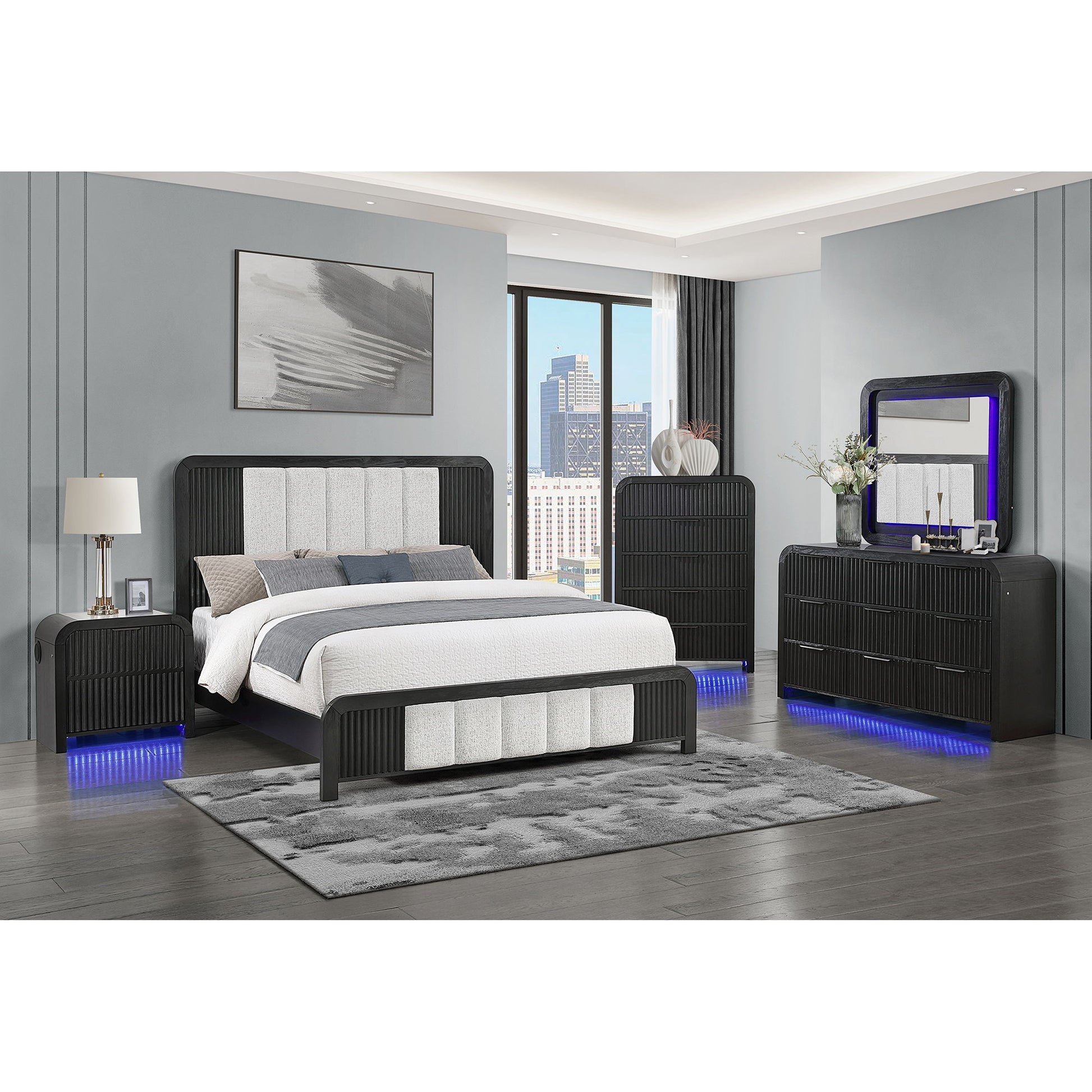 Beverly - Nightstand With Cooler And Speaker, LED Light, Rounded Sides - Black White - The Sleep Loft - Online Mattress Showroom NYC