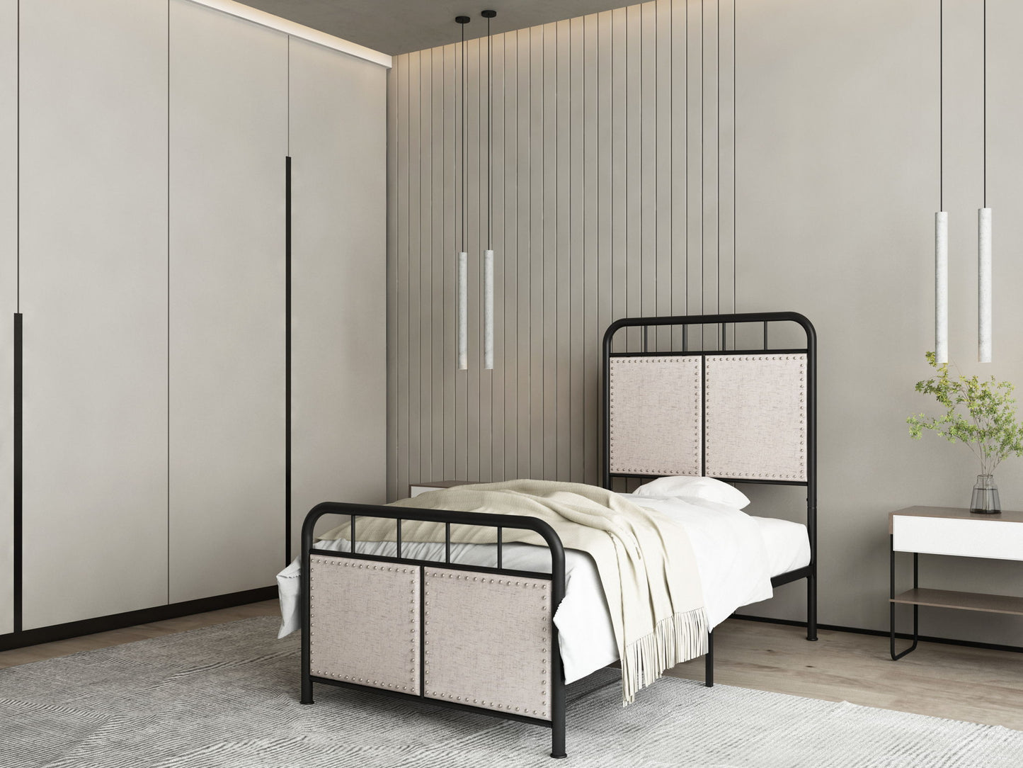 Twin Size Linen Upholstered Platform Metal Bed Frame With Fabric Headboard And Footboard - Brown - The Sleep Loft - Online Mattress Showroom NYC
