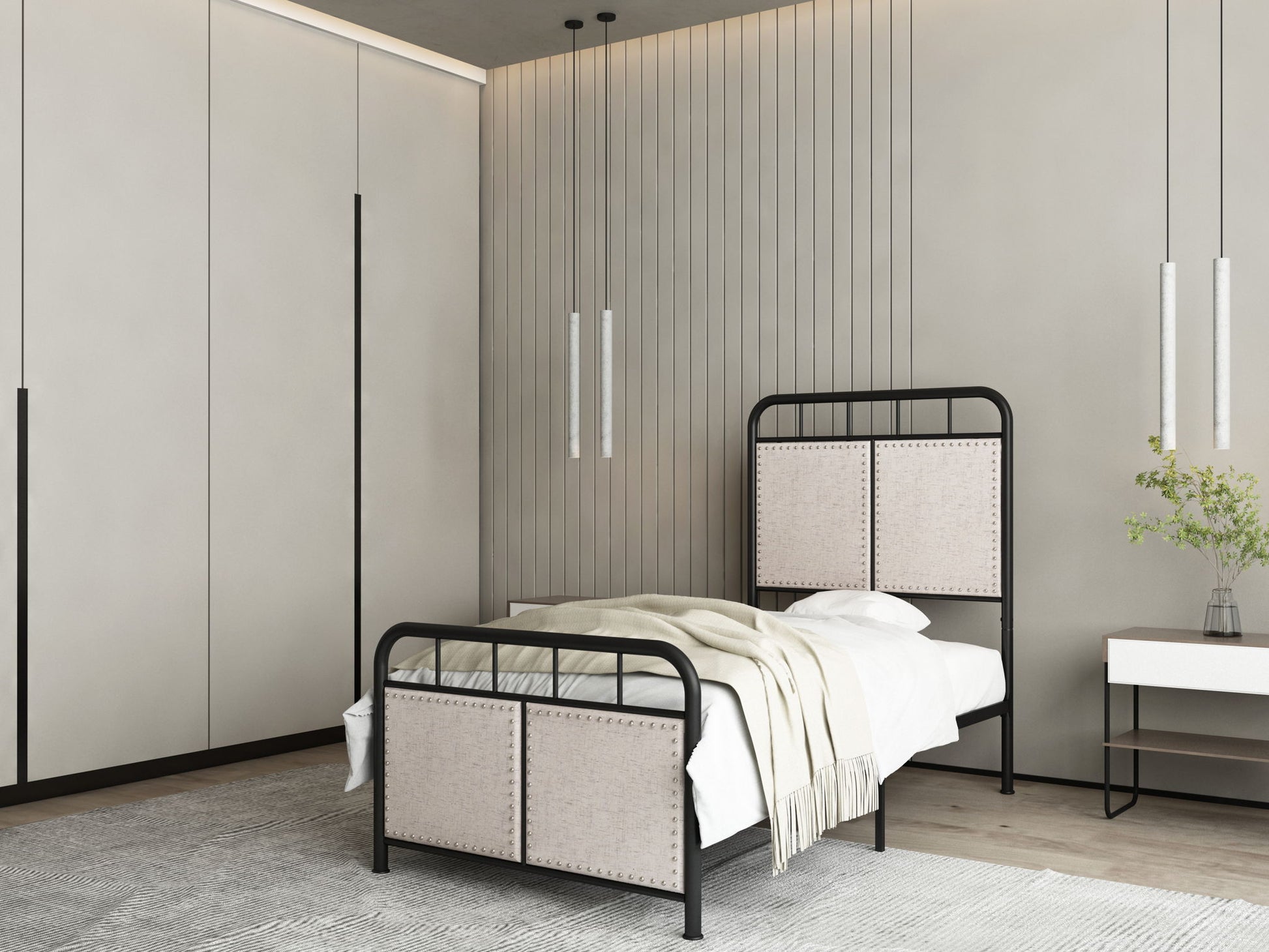 Twin Size Linen Upholstered Platform Metal Bed Frame With Fabric Headboard And Footboard - Brown - The Sleep Loft - Online Mattress Showroom NYC