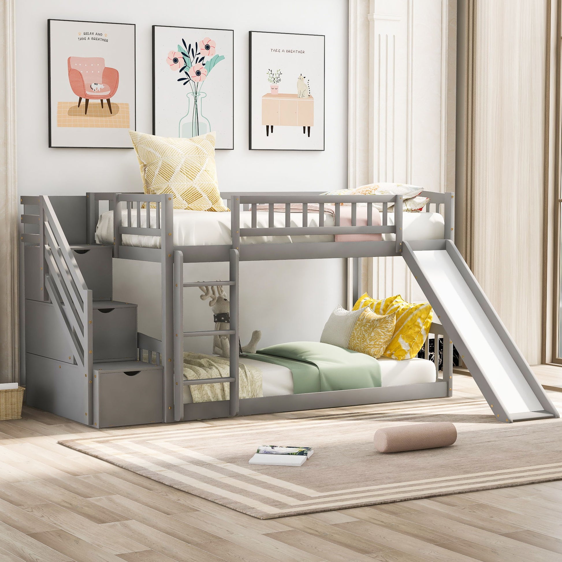 Twin Over Twin Bunk Stairway Bed With 2 Drawers And Slide - Gray - The Sleep Loft - Online Mattress Showroom NYC