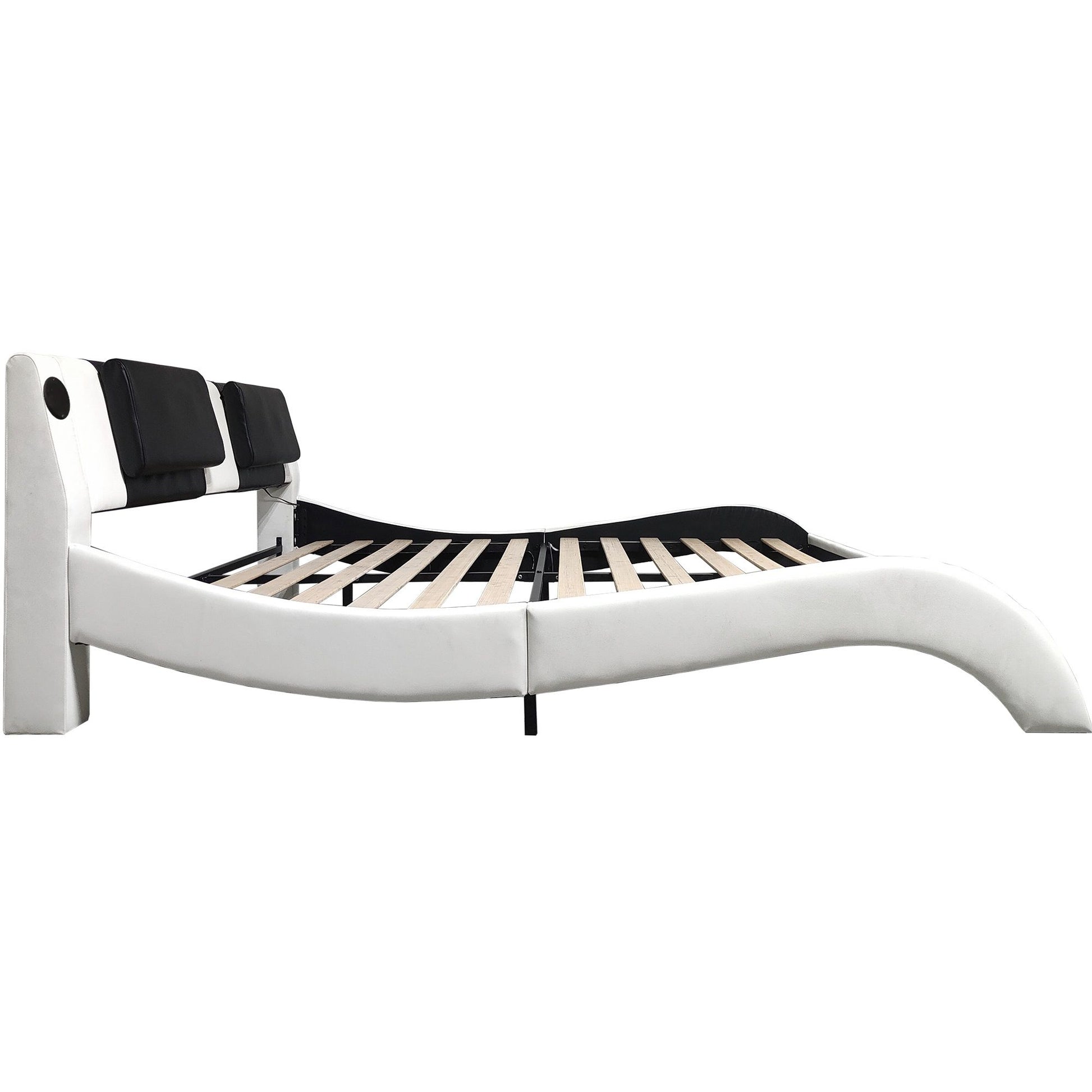 Upholstered Platform Bed Frame With LED Lighting, Bluetooth Connection To Play Music Control, Backrest Vibration Massage, Curve Design, Wood Slat Support, Exhibited Speakers - The Sleep Loft - Online Mattress Showroom NYC