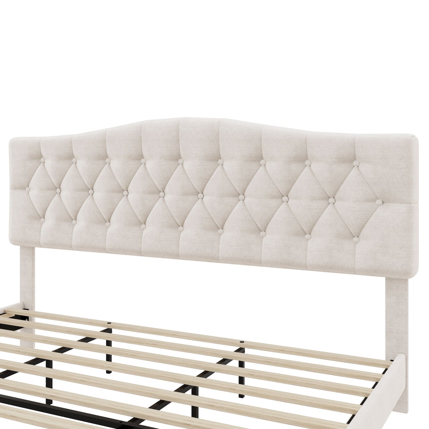 King Upholstered Platform Bed With Curved Adjustable Headboard And Diamond Tufted Details, No Box Spring Needed - Beige