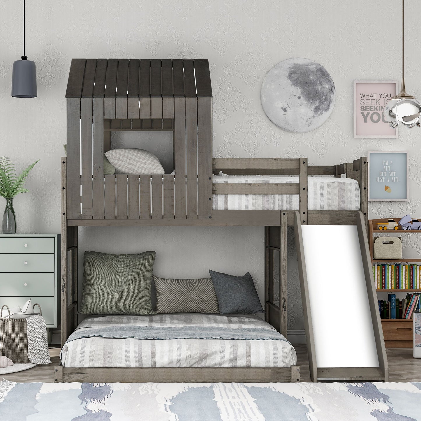Loft Bunk Bed With Playhouse, Farmhouse, Ladder, Slide And Guardrails - The Sleep Loft - Online Mattress Showroom NYC
