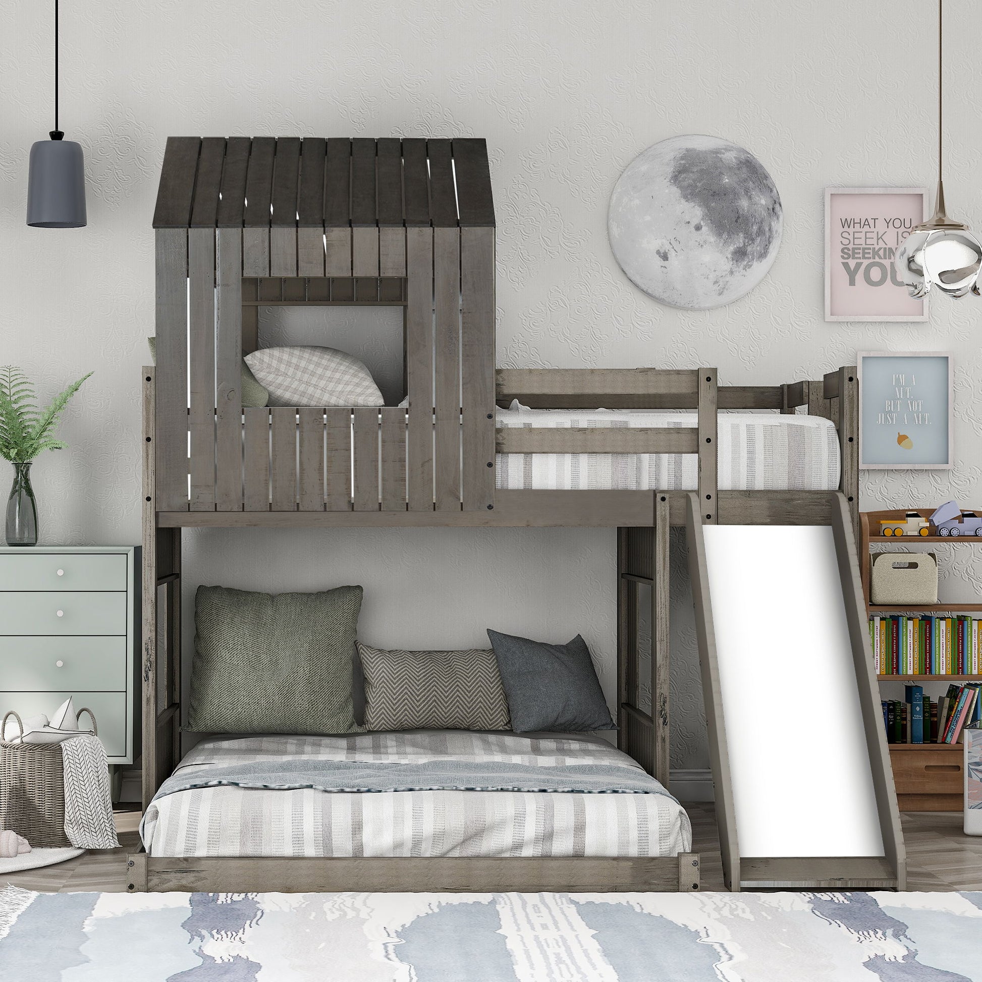 Loft Bunk Bed With Playhouse, Farmhouse, Ladder, Slide And Guardrails - The Sleep Loft - Online Mattress Showroom NYC