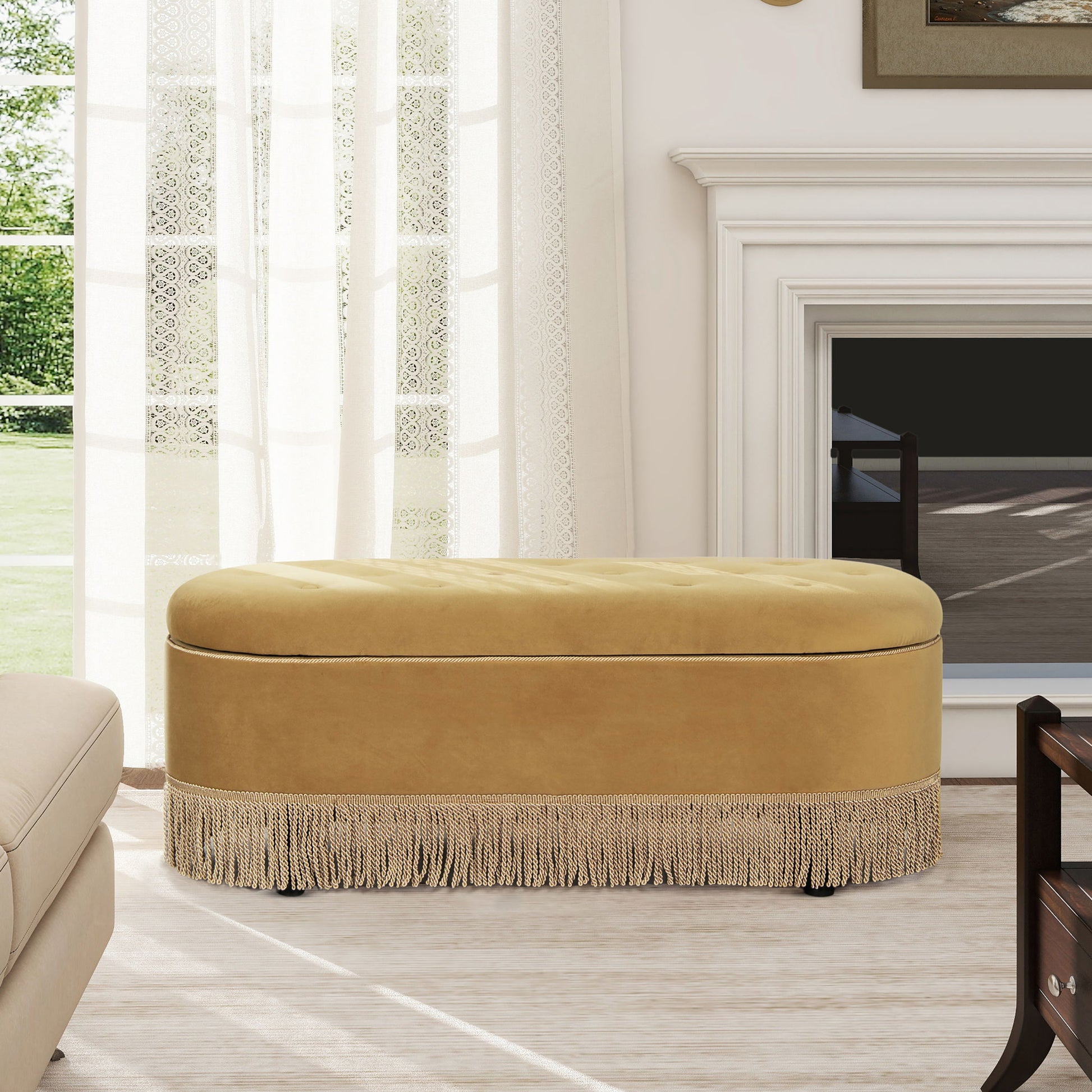 Melinda - Oval Tufted Bullion Fringe Storage Bench - The Sleep Loft - Online Mattress Showroom NYC