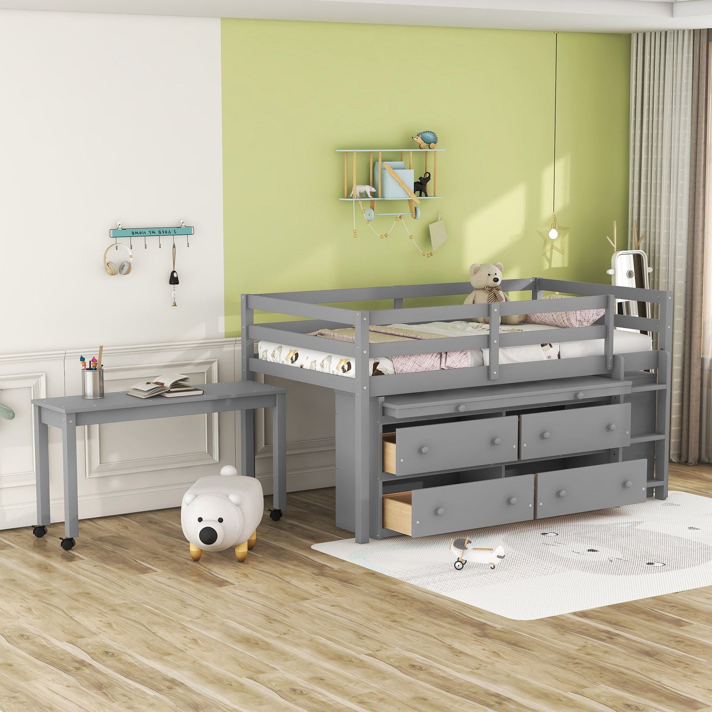 Loft Bed With Retractable Writing Desk And 4 Drawers, With Lateral Portable Desk And Shelves - The Sleep Loft - Online Mattress Showroom NYC