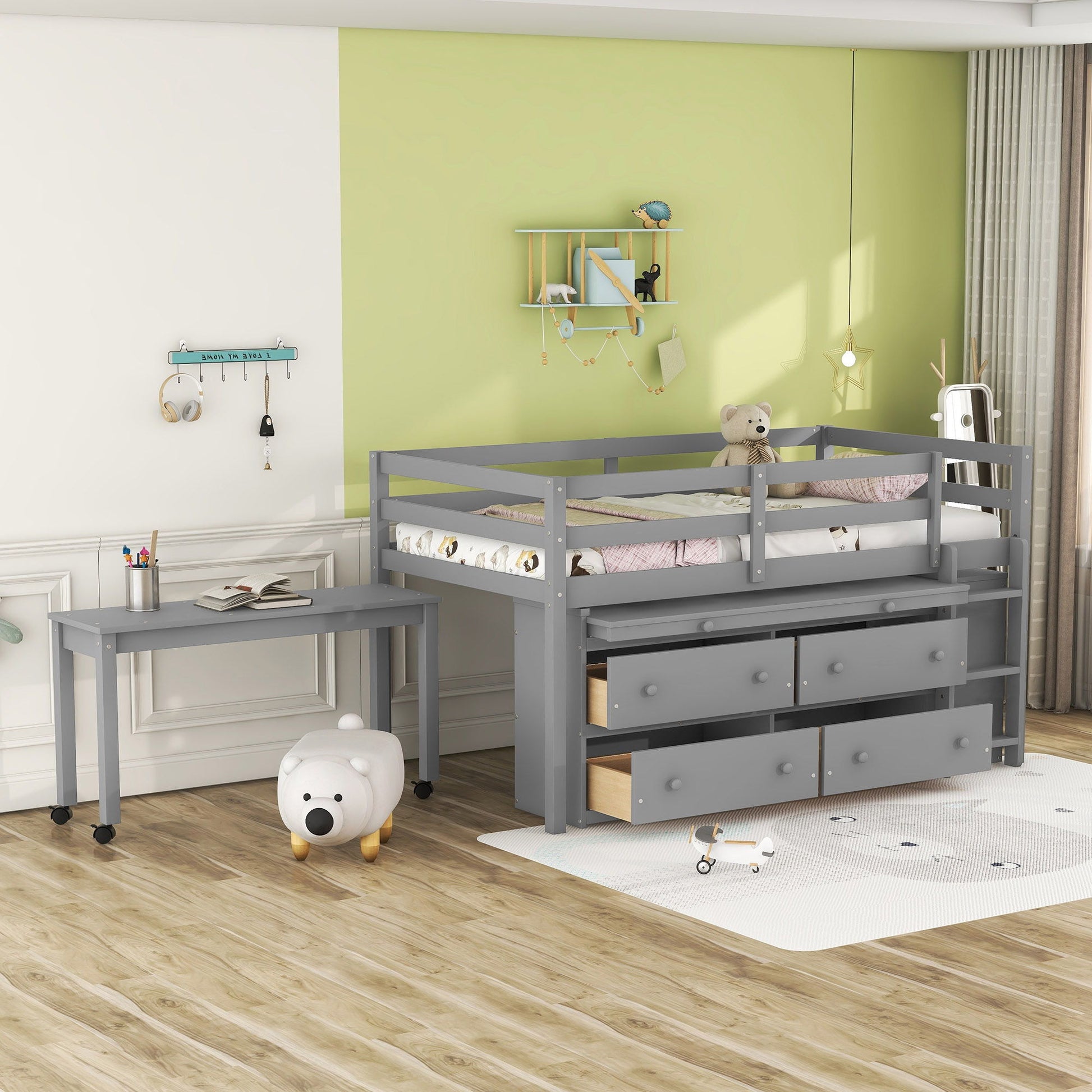 Loft Bed With Retractable Writing Desk And 4 Drawers, With Lateral Portable Desk And Shelves - The Sleep Loft - Online Mattress Showroom NYC