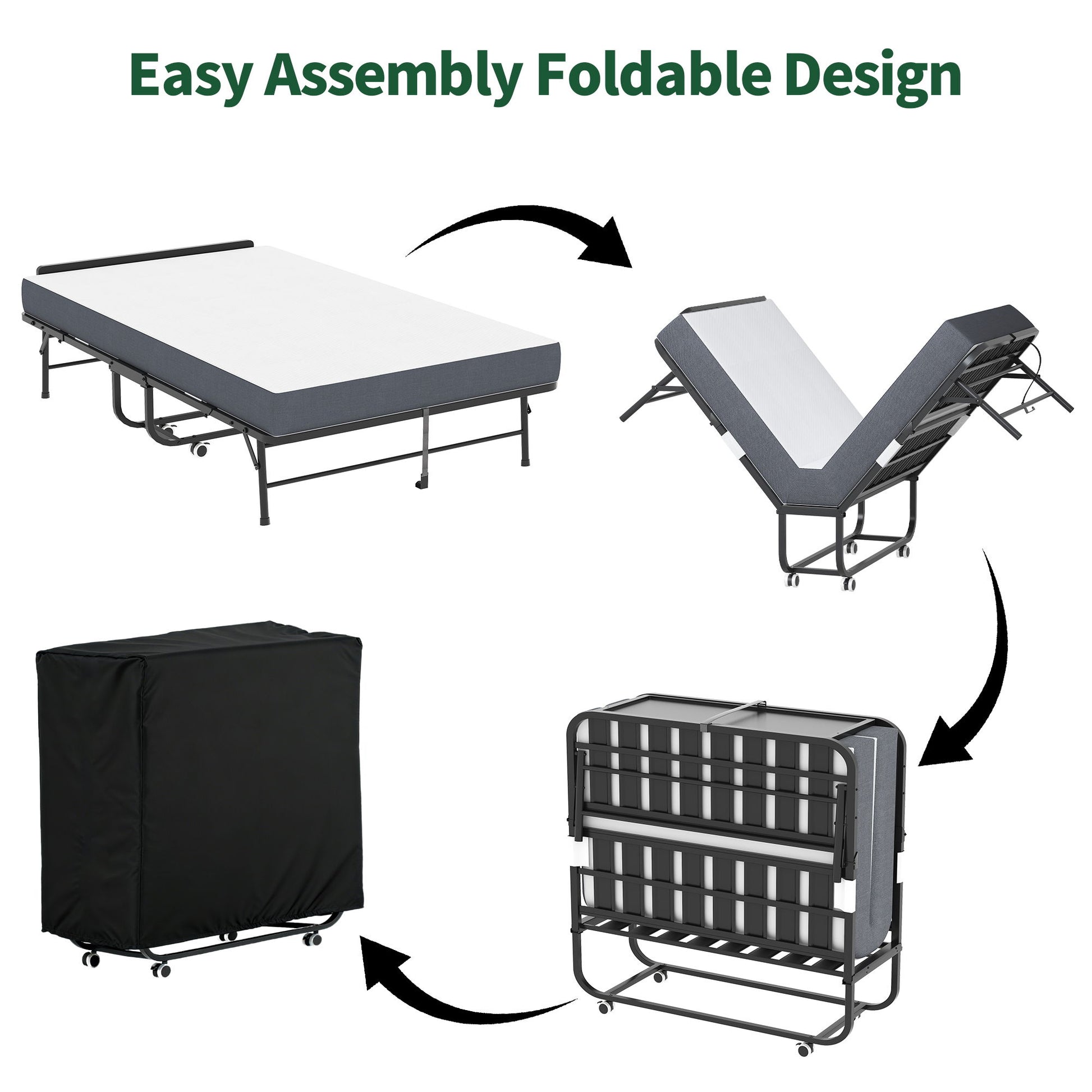 Twin Wide Folding Bed With Adjustable Headboard, Extra Long Rollaway For Tall People, Memory Foam Mattress - Black - The Sleep Loft - Online Mattress Showroom NYC