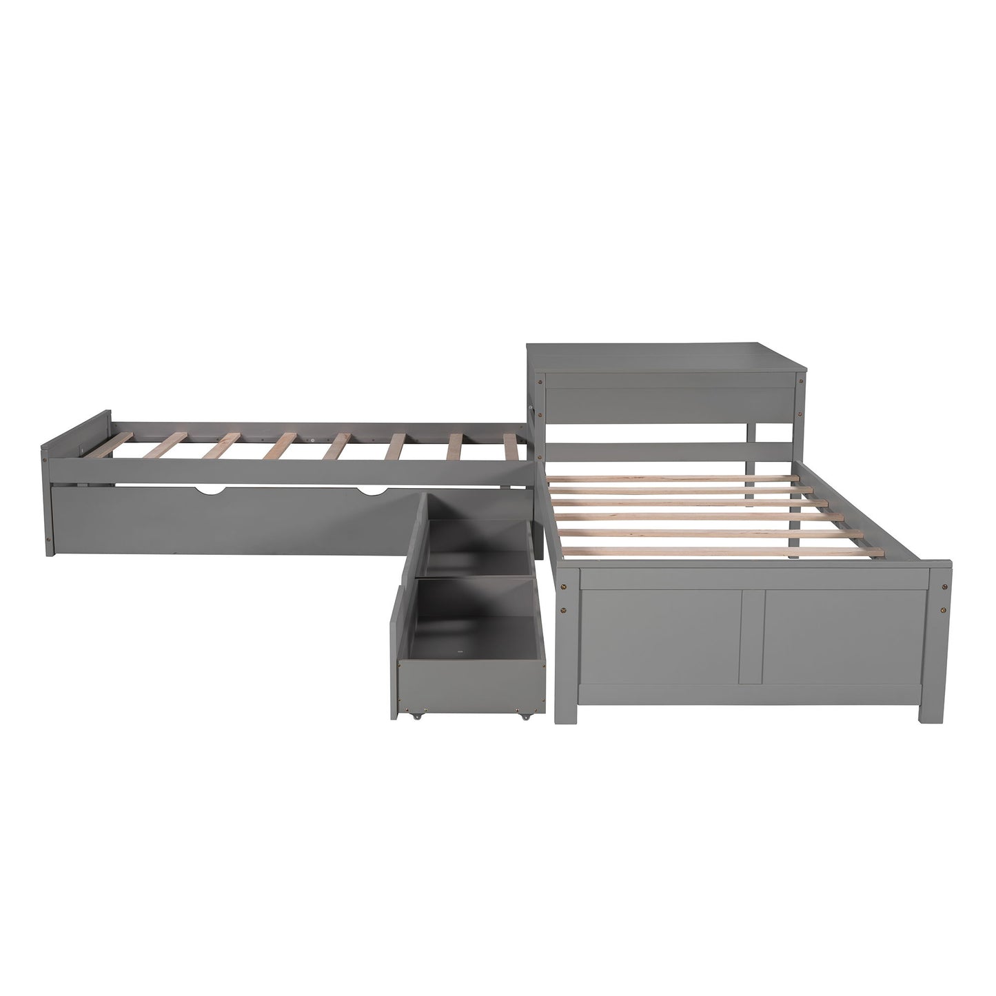 L Shaped Platform Bed With Trundle And Drawers Linked With Built In Desk - The Sleep Loft - Online Mattress Showroom NYC