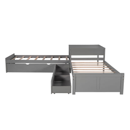 L Shaped Platform Bed With Trundle And Drawers Linked With Built In Desk - The Sleep Loft - Online Mattress Showroom NYC
