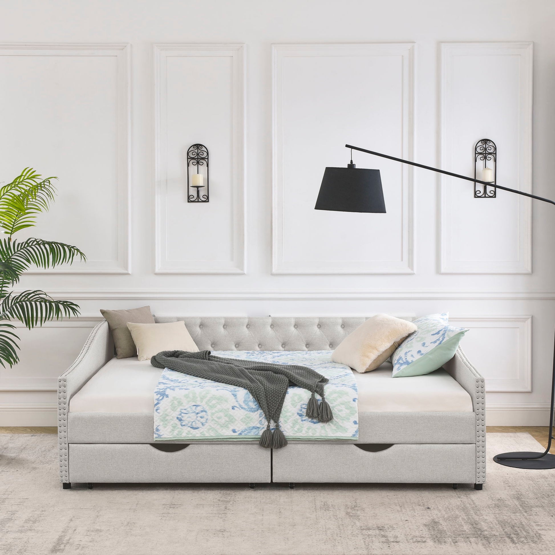 Upholstered Tufted Daybed With Drawers, Waved Arms - The Sleep Loft - Online Mattress Showroom NYC