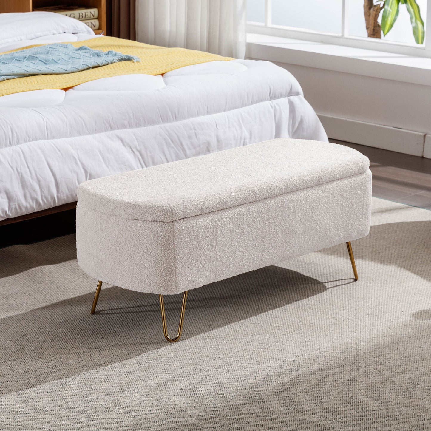 Storage Ottoman Bench For End Of Bed Legs, Modern Camel Faux Fur Entryway Bench Upholstered Padded With Storage For Living Room Bedroom - The Sleep Loft - Online Mattress Showroom NYC