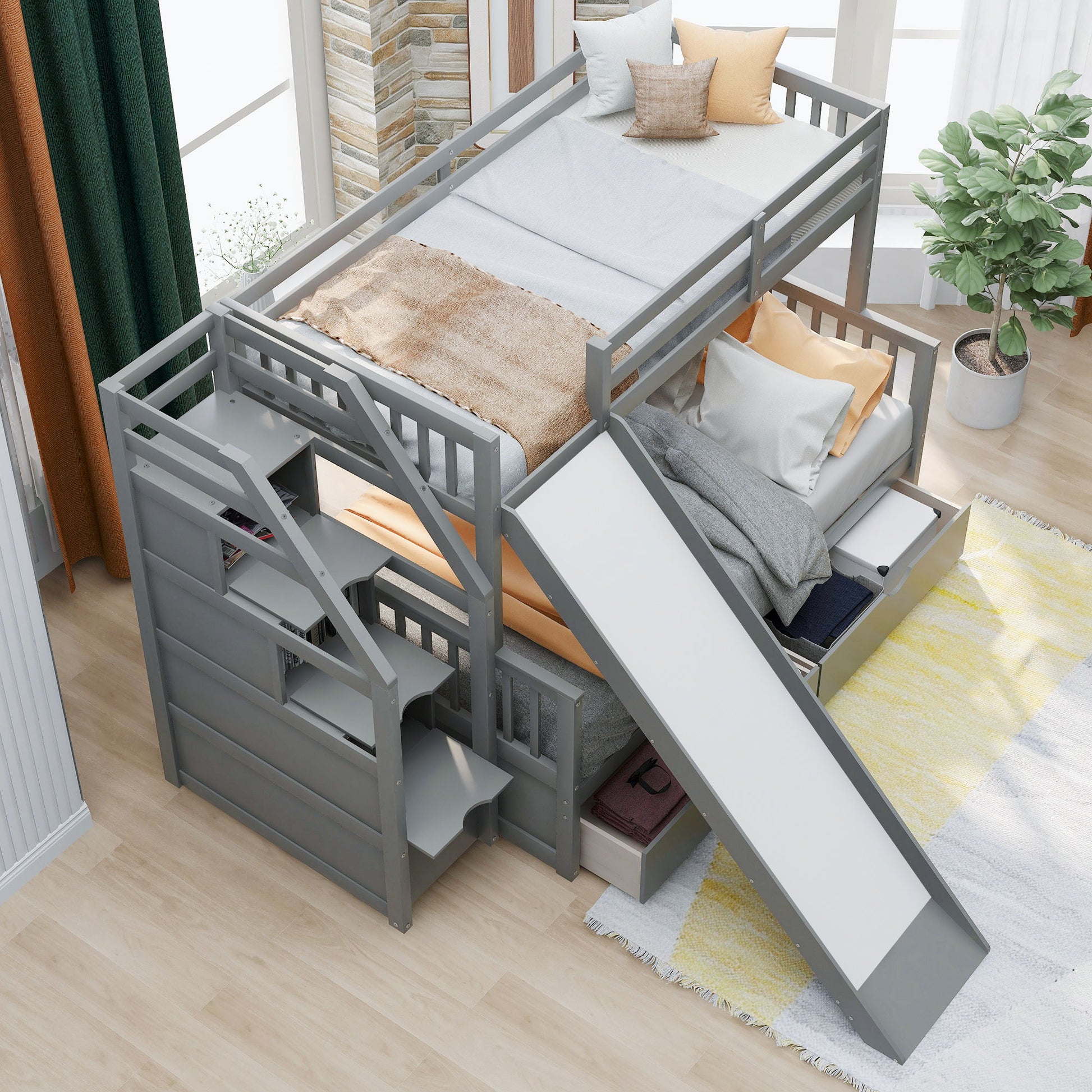 Bunk Bed With Storage Staircase, Slide, Desk, Drawers, And Shelves - The Sleep Loft - Online Mattress Showroom NYC