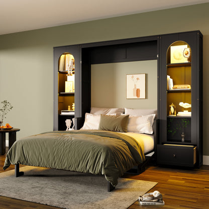 French Style Murphy Platform Bed With Shelf, Side Cabinets, Drawers And LED - The Sleep Loft - Online Mattress Showroom NYC