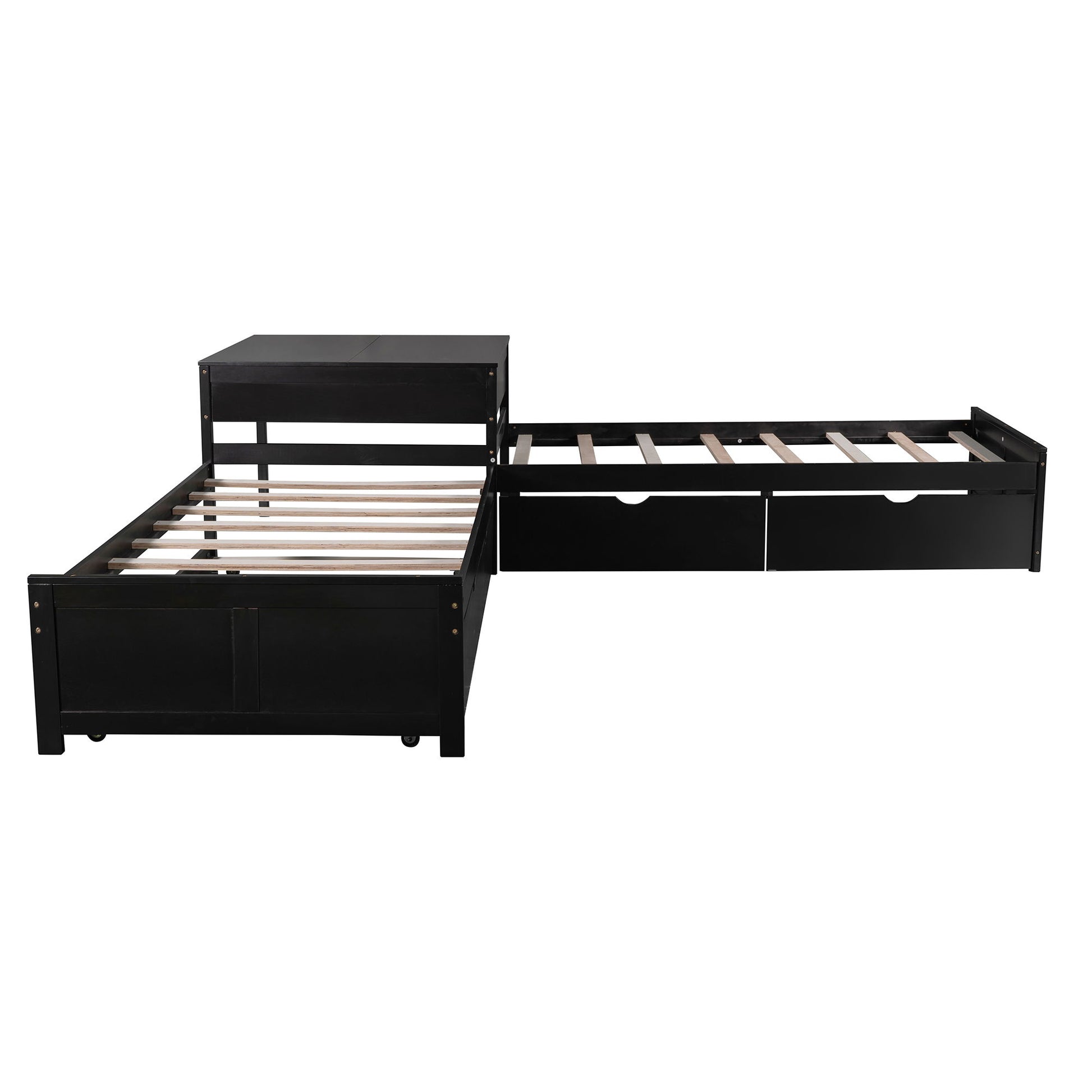 L Shaped Platform Bed With Trundle And Drawers Linked With Built In Desk - The Sleep Loft - Online Mattress Showroom NYC