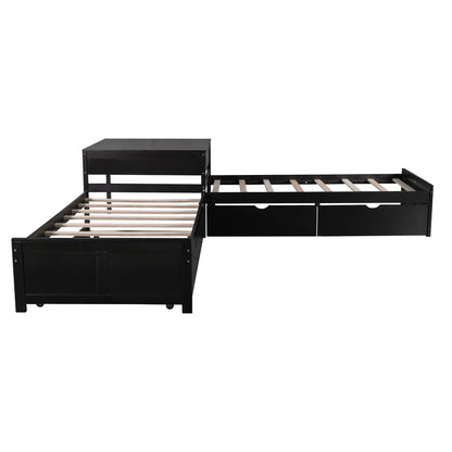 L Shaped Platform Bed With Trundle And Drawers Linked With Built In Desk - The Sleep Loft - Online Mattress Showroom NYC