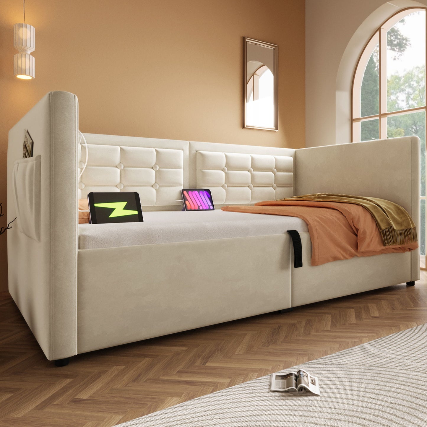 Upholstered Hydraulic Storage Daybed With USB & Type C Charging - The Sleep Loft - Online Mattress Showroom NYC