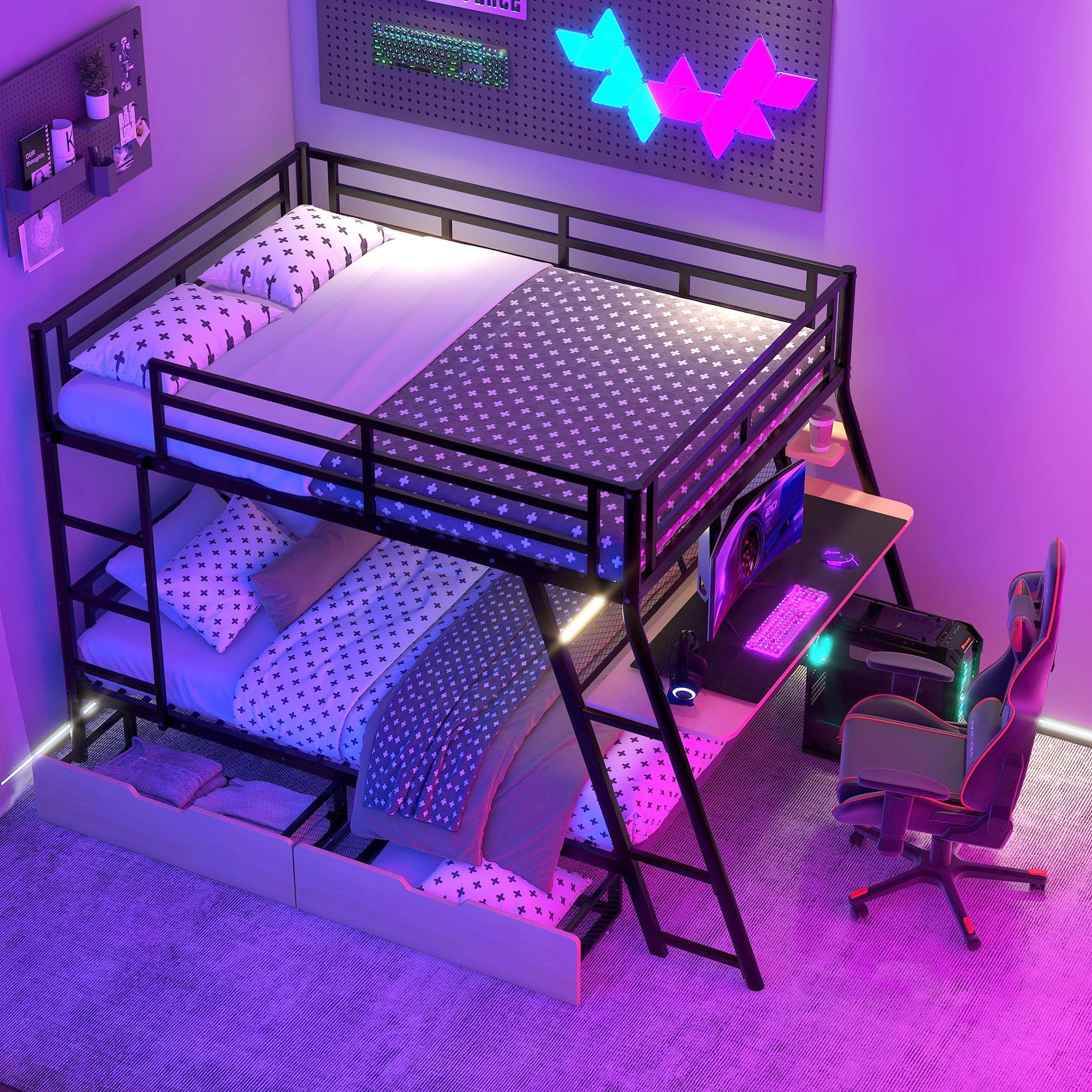 Full Size Bunk Bed With Built In Desk, Light, And 2 Drawers - Black - The Sleep Loft - Online Mattress Showroom NYC