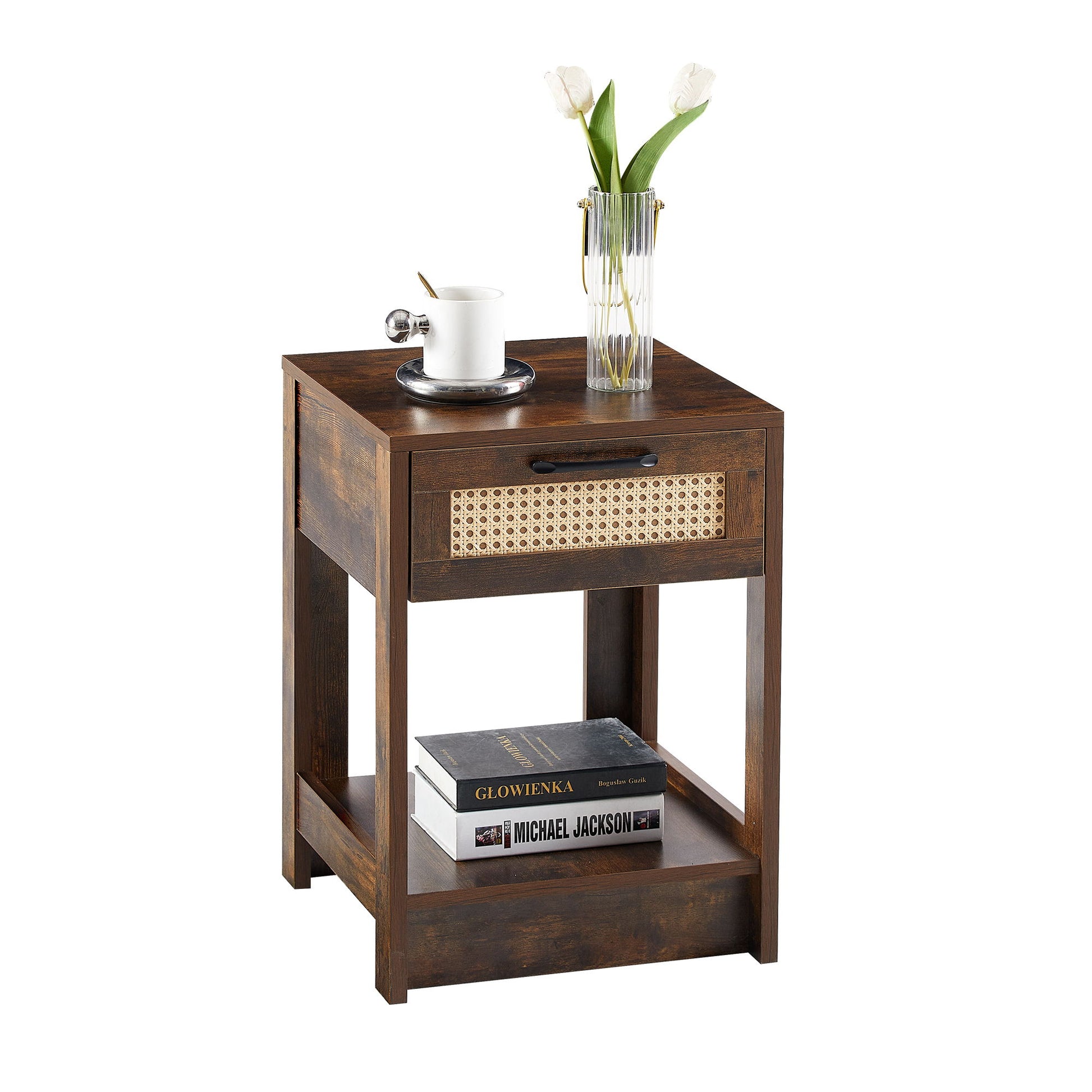 15.75" Rattan End Table With Drawer, Modern Nightstand, Side Table For Living Room, Bedroom - The Sleep Loft - Online Mattress Showroom NYC