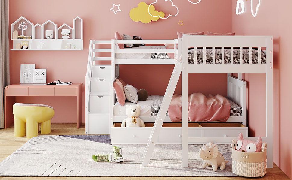 Solid L Shaped Bunk Bed With 3 Drawers, Ladder And Staircase - The Sleep Loft - Online Mattress Showroom NYC
