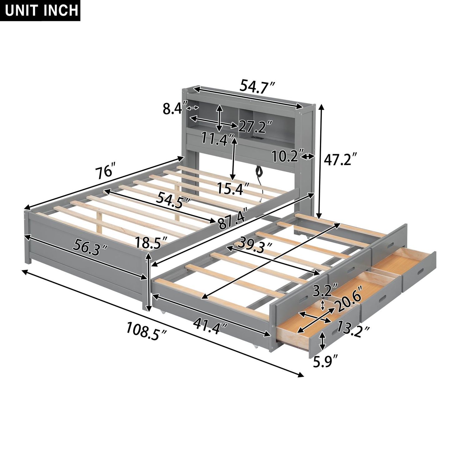 Full Size Platform Bed With Trundle, Drawers, USB Ports And Built In Shelves - Gray - The Sleep Loft - Online Mattress Showroom NYC