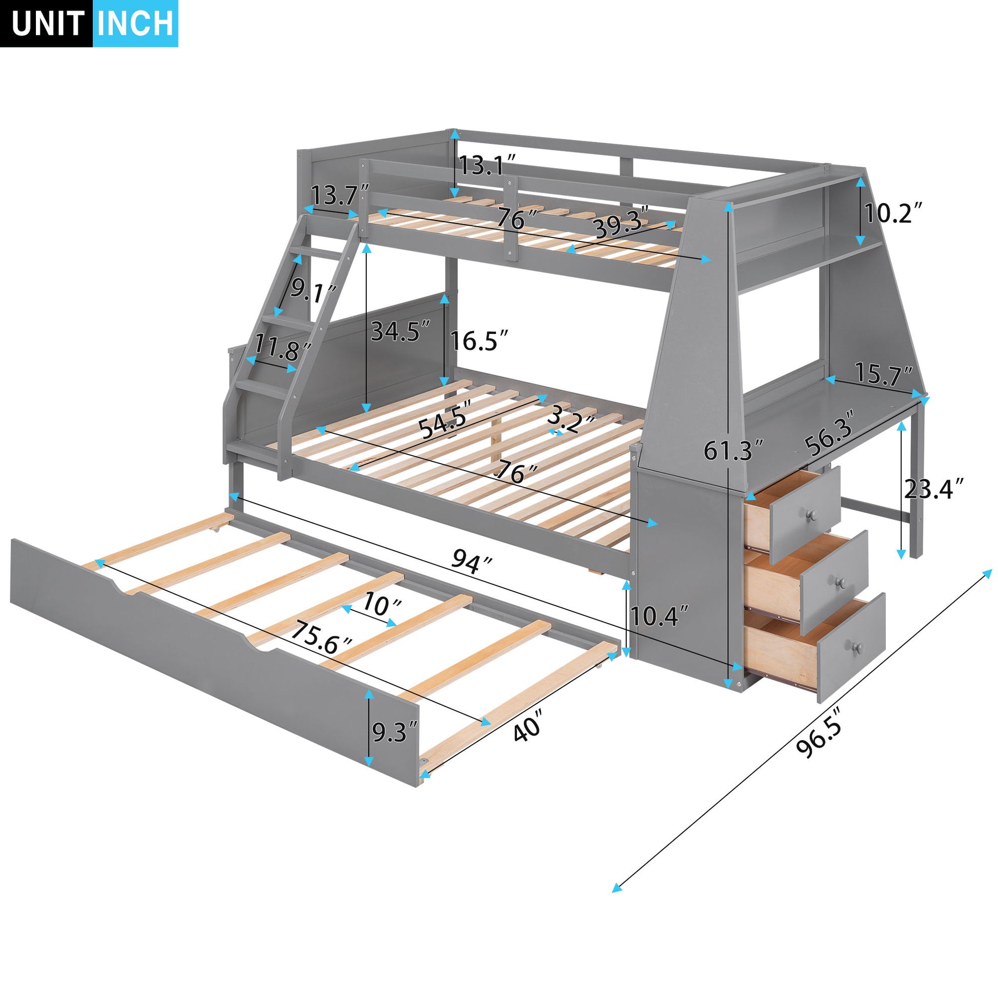 Bunk Bed With Trundle And Built In Desk, 3 Storage Drawers And Shelf - The Sleep Loft - Online Mattress Showroom NYC