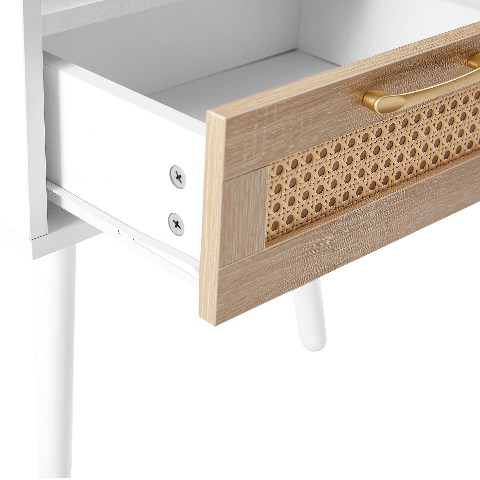 15.75" Rattan End Table With Drawer And Solid Wood Legs, Modern Nightstand, Side Table For Living Room, Bedroom - The Sleep Loft - Online Mattress Showroom NYC