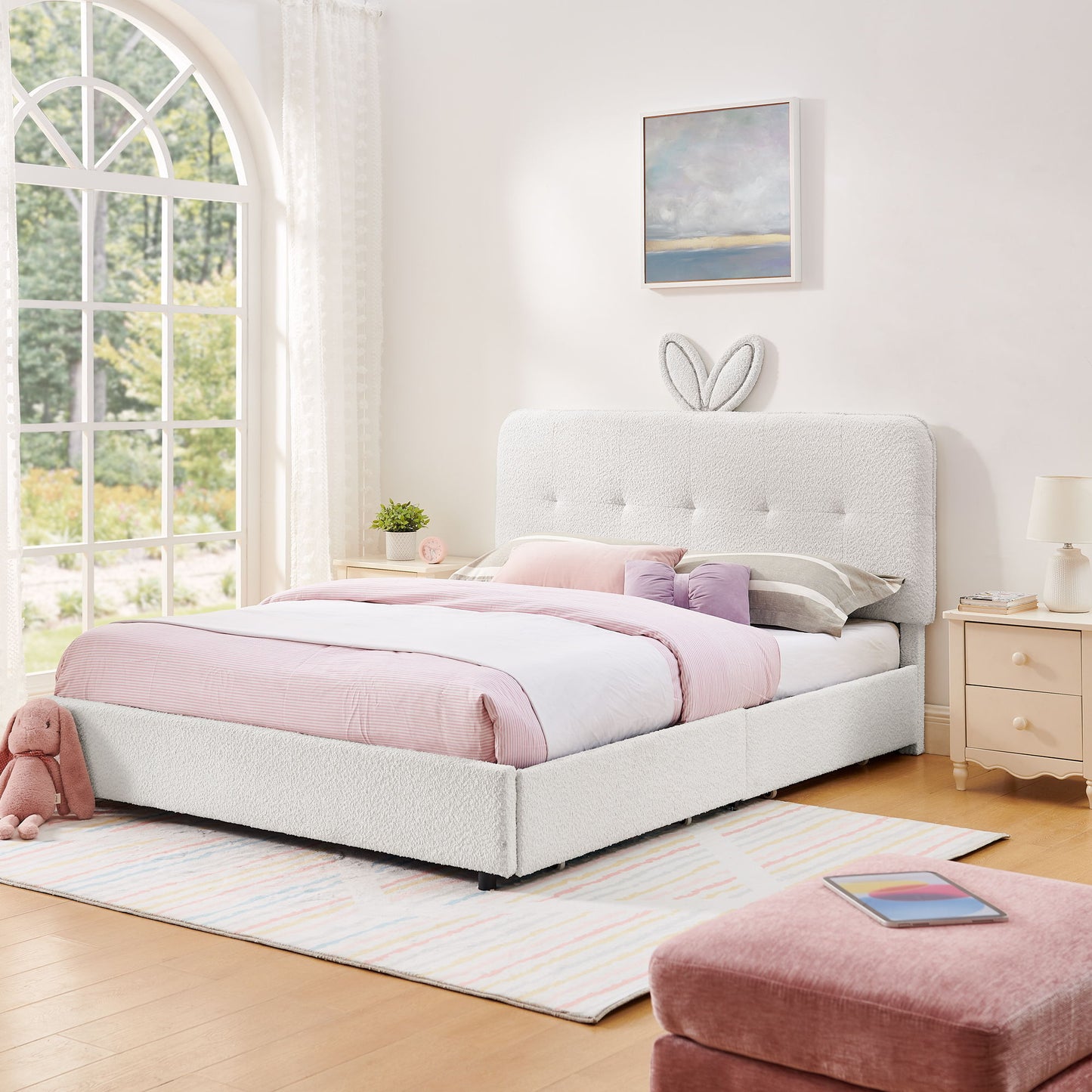 Upholstered Bed With Oversized Rabbit Ear Headboard, LED Lights & 4 Storage Drawers - The Sleep Loft - Online Mattress Showroom NYC