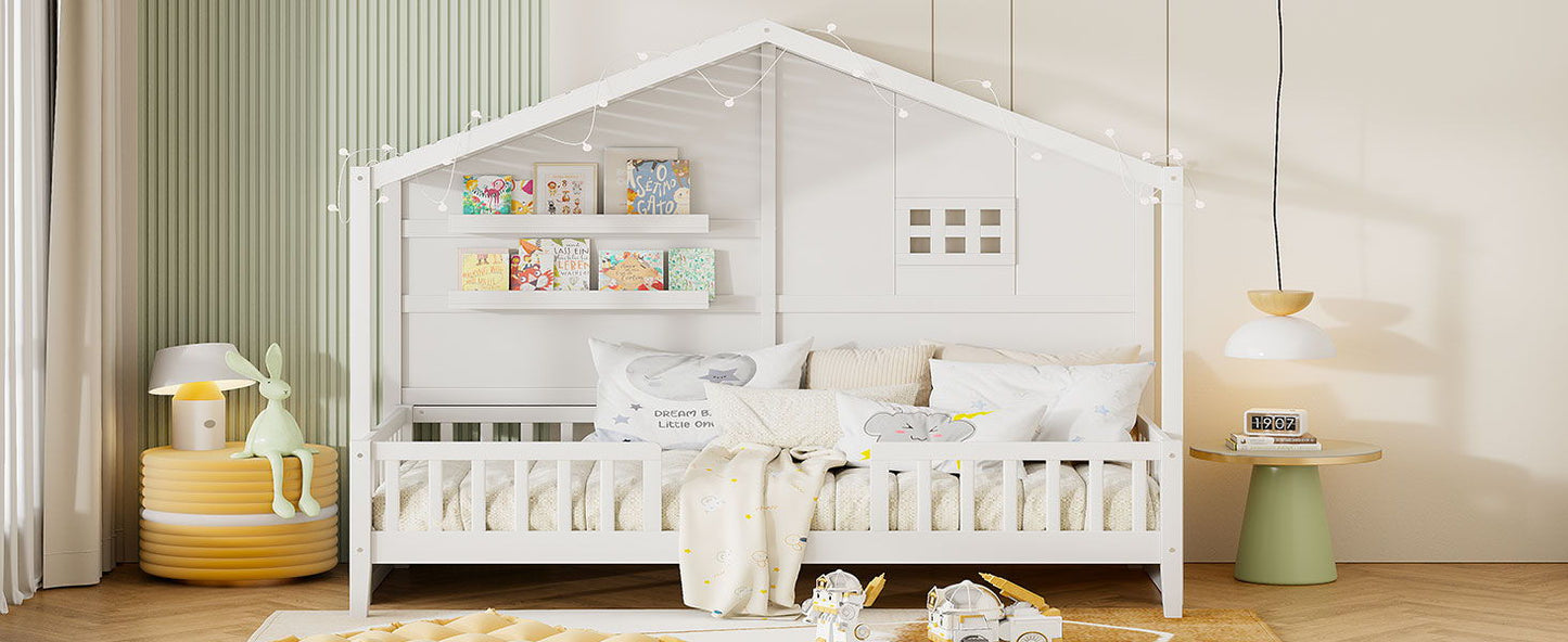 House Bed With Shelves, Window And Sparkling Light Strip On The Roof - The Sleep Loft - Online Mattress Showroom NYC