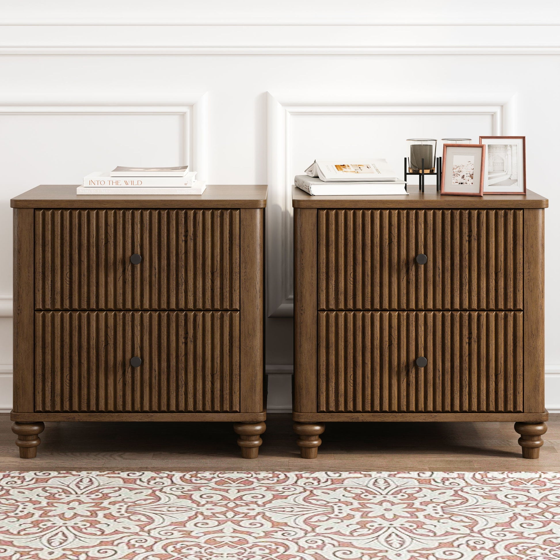Mid Century Modern Fluted Nightstand 2 Piece Set With 3 Drawers - Walnut - The Sleep Loft - Online Mattress Showroom NYC
