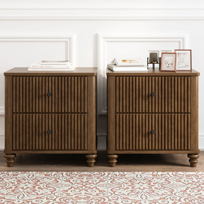 Mid Century Modern Fluted Nightstand 2 Piece Set With 3 Drawers - Walnut - The Sleep Loft - Online Mattress Showroom NYC