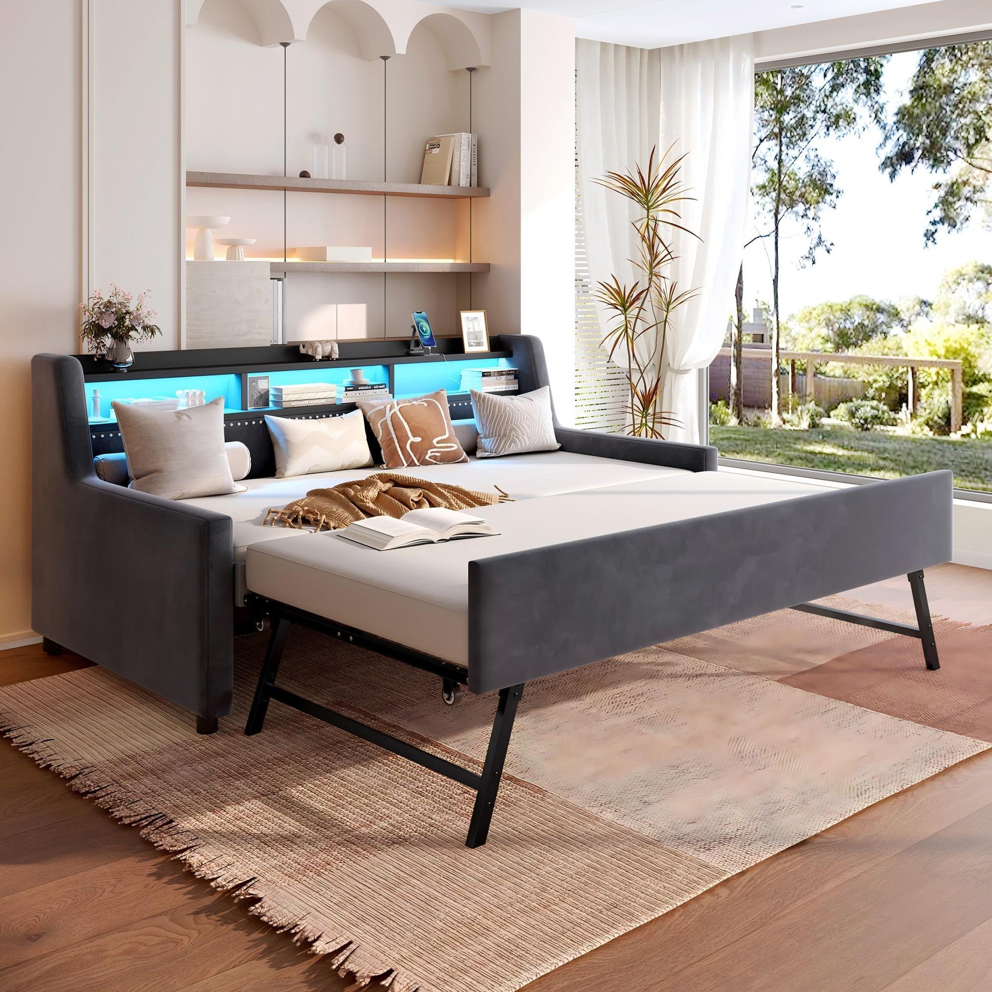 Twin Size Daybed With Trundle With LED Light ＆ Charging Station - Dark Gray - The Sleep Loft - Online Mattress Showroom NYC