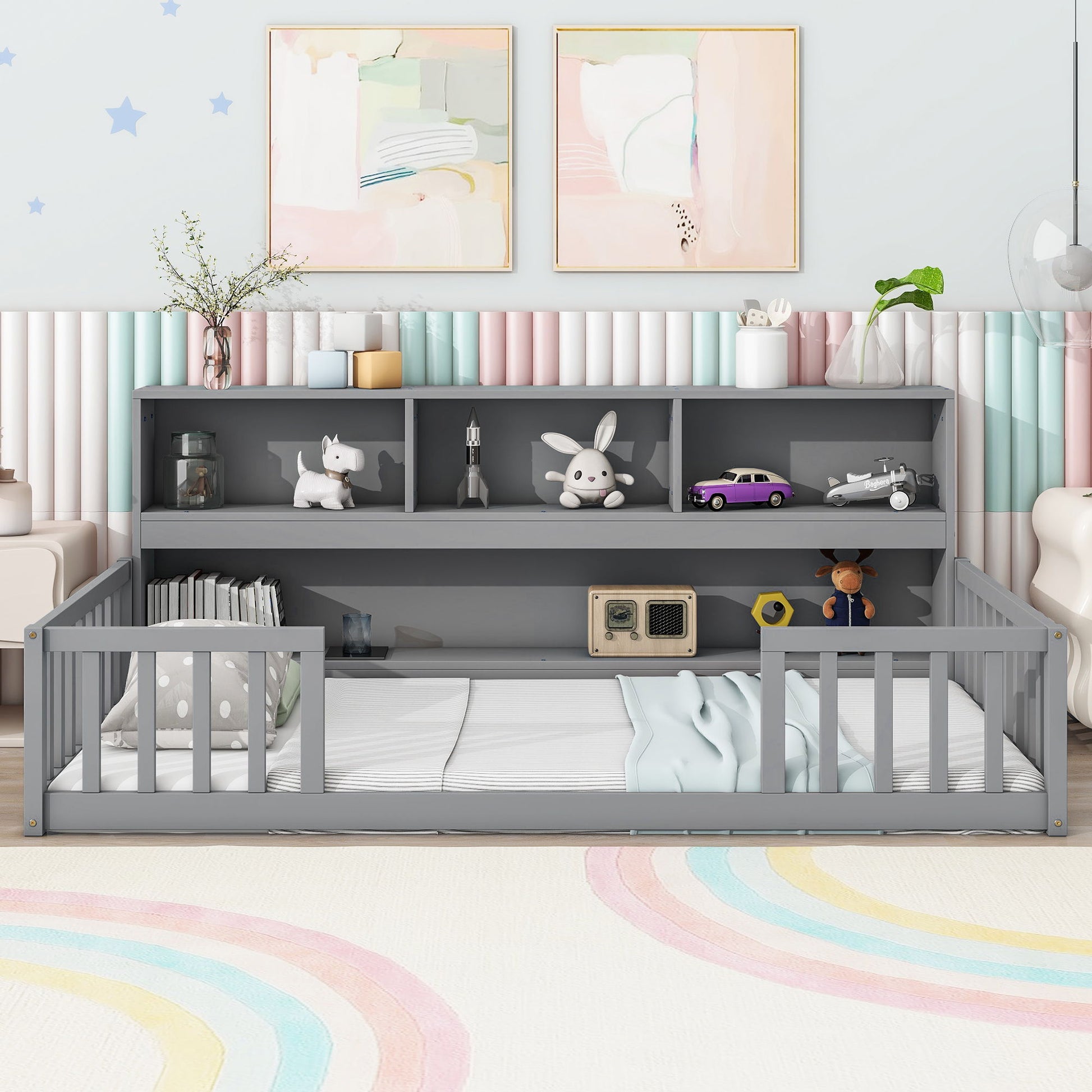 Floor Bed With Bedside Bookcase, Shelves, Guardrails - The Sleep Loft - Online Mattress Showroom NYC
