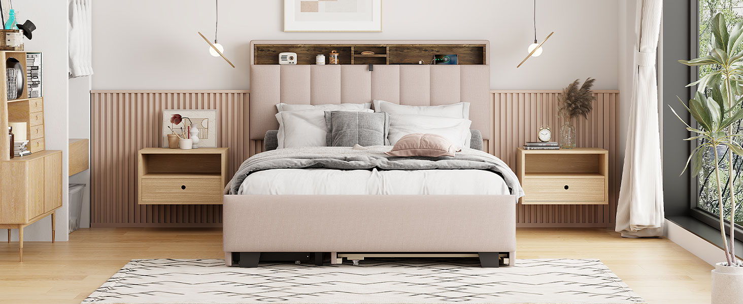 Upholstered Platform Bed With Storage Headboard, Trundle & 2 Drawers And A Set Of Sockets & USB Ports - The Sleep Loft - Online Mattress Showroom NYC