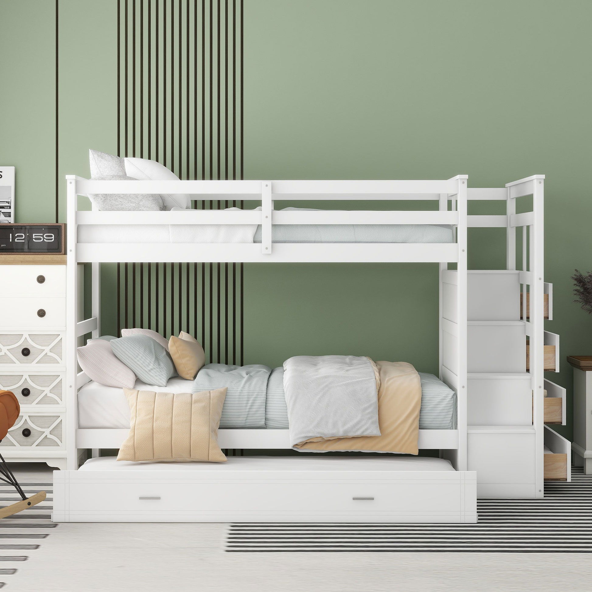 Twin Over Twin Bunk Bed With Trundle And Staircase - White - The Sleep Loft - Online Mattress Showroom NYC