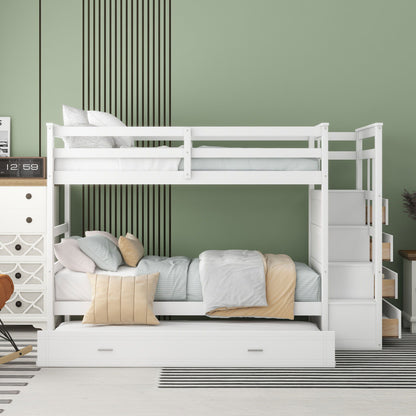 Twin Over Twin Bunk Bed With Trundle And Staircase - White - The Sleep Loft - Online Mattress Showroom NYC