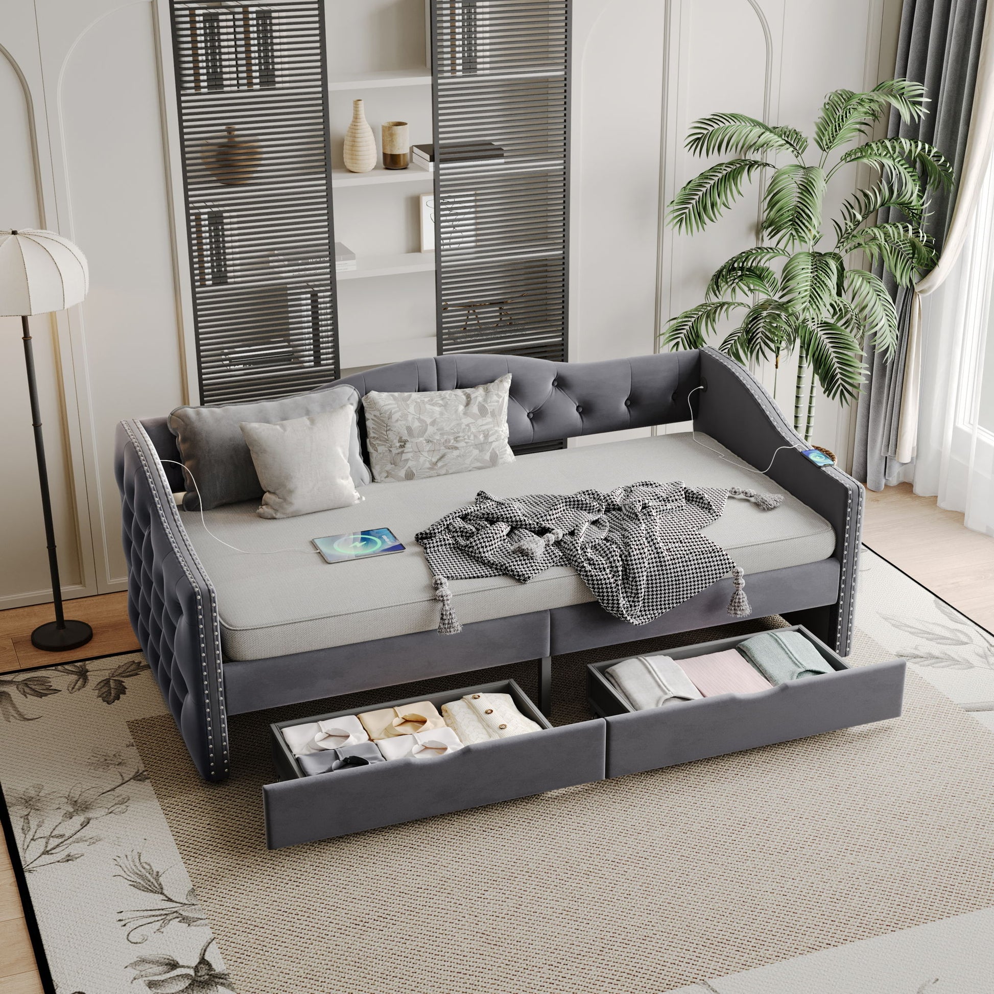 Full Size Bed Frame, Upholstered Cloud Bed Frame With Headboard, 2 Storage Drawers And 2 USB Charging Design, No Box Spring Needed - Gray - The Sleep Loft - Online Mattress Showroom NYC