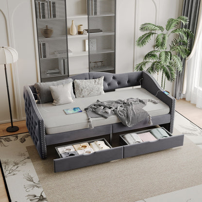 Full Size Bed Frame, Upholstered Cloud Bed Frame With Headboard, 2 Storage Drawers And 2 USB Charging Design, No Box Spring Needed - Gray - The Sleep Loft - Online Mattress Showroom NYC