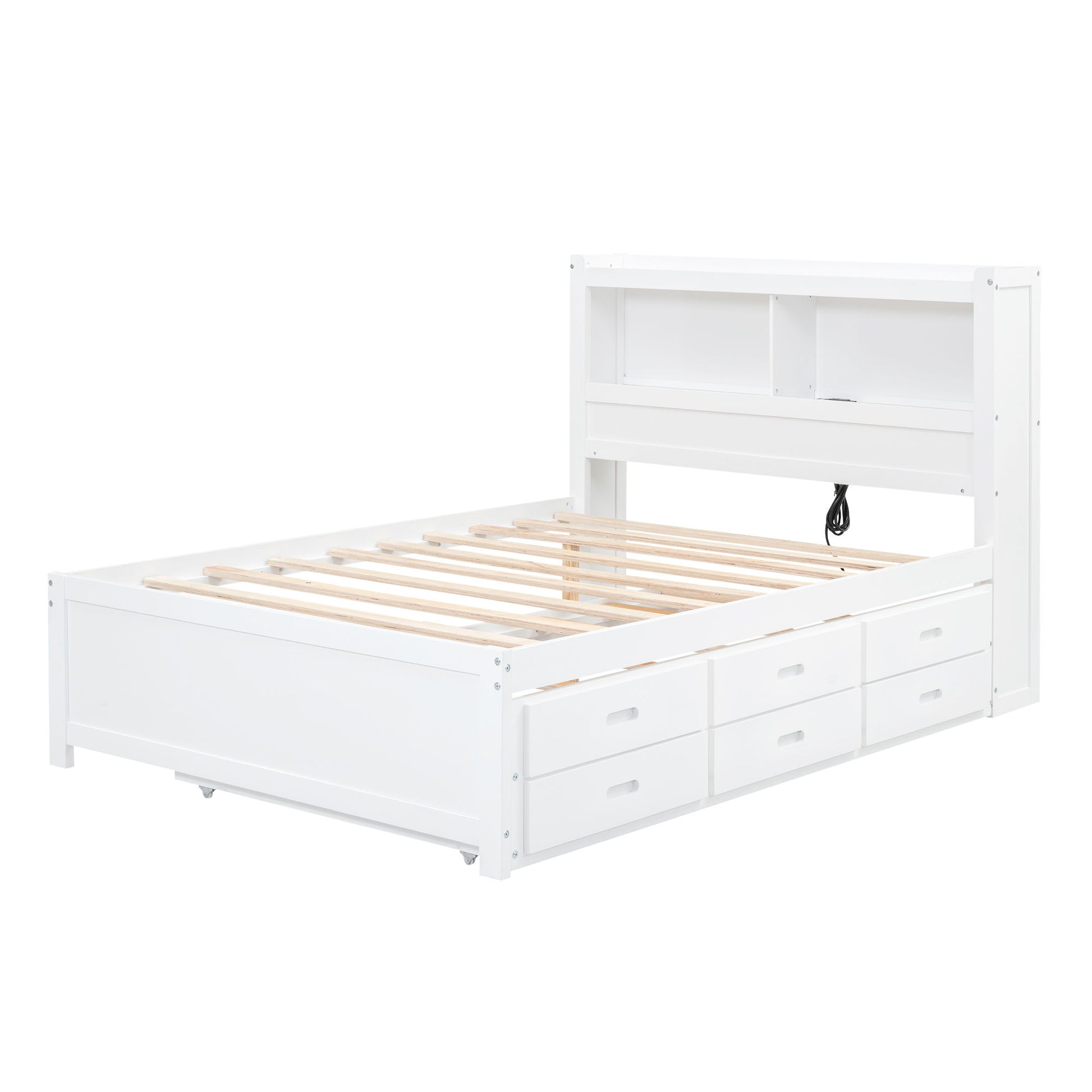 Full Size Platform Bed With Trundle, Drawers, USB Ports And Built In Shelves - White - The Sleep Loft - Online Mattress Showroom NYC
