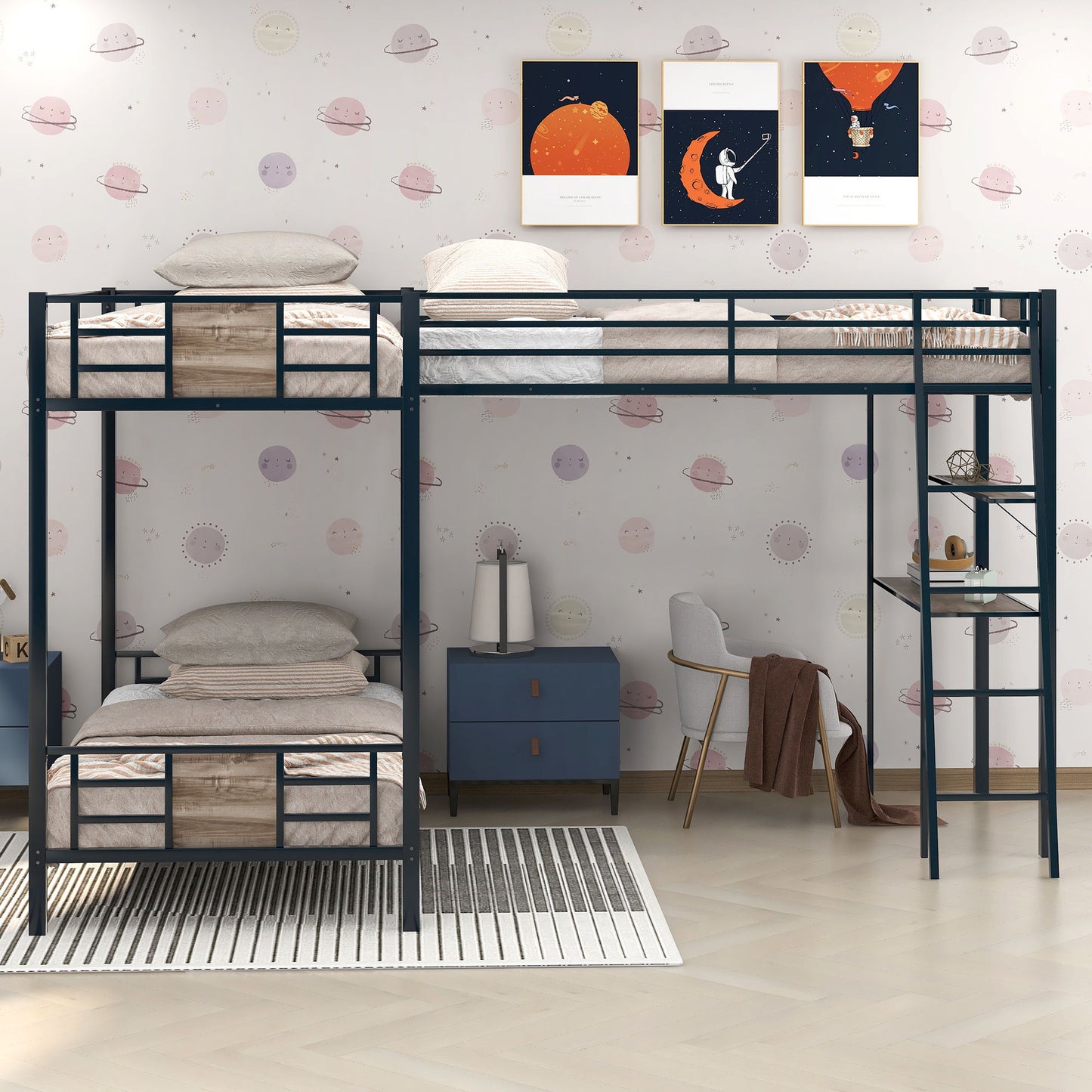 L-Shaped Twin Over Twin Bunk Bed With Twin Size Loft Bed With Desk And Shelf - Brown - The Sleep Loft - Online Mattress Showroom NYC