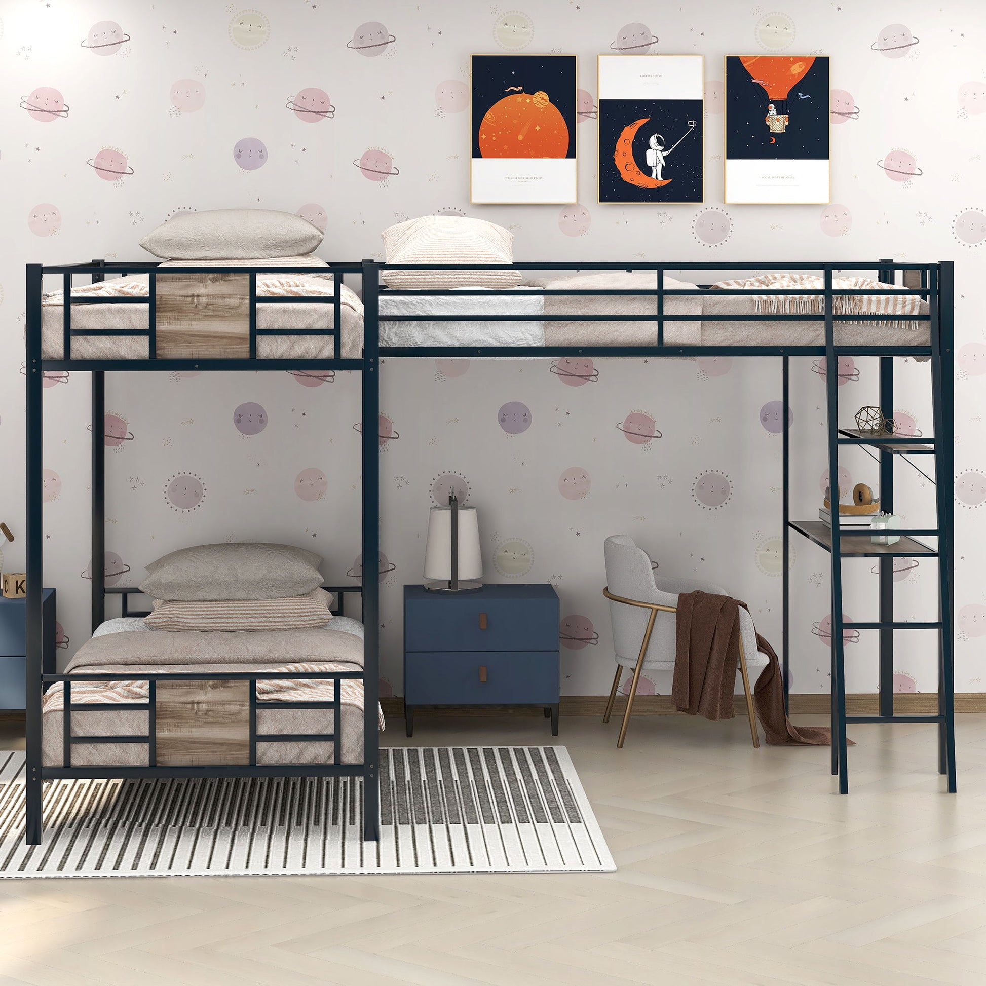 L-Shaped Twin Over Twin Bunk Bed With Twin Size Loft Bed With Desk And Shelf - Brown - The Sleep Loft - Online Mattress Showroom NYC