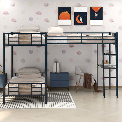 L-Shaped Twin Over Twin Bunk Bed With Twin Size Loft Bed With Desk And Shelf - Brown - The Sleep Loft - Online Mattress Showroom NYC