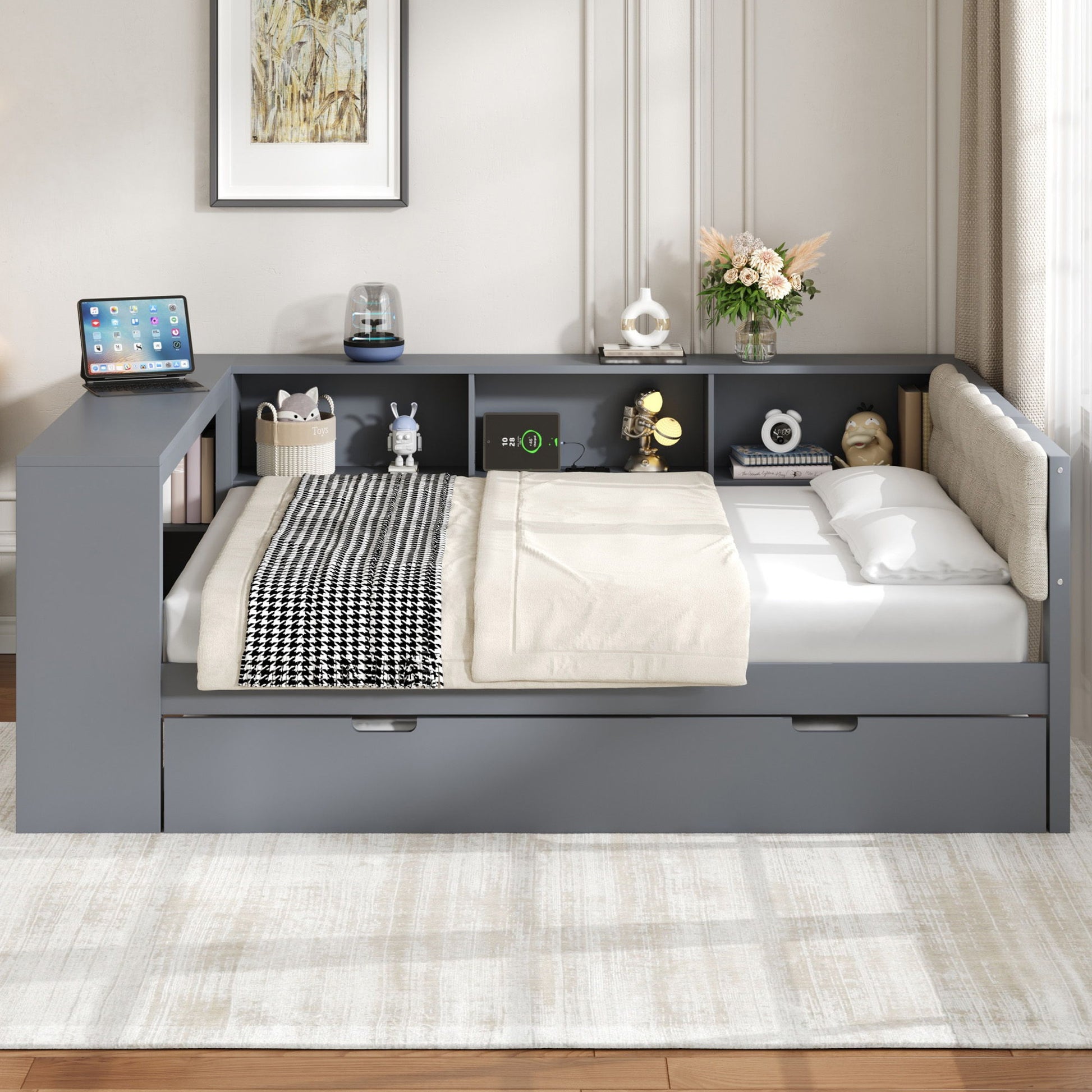 Upholstered Headboard Platform Bed With Storage Shelves, Trundle, Charging Station - The Sleep Loft - Online Mattress Showroom NYC