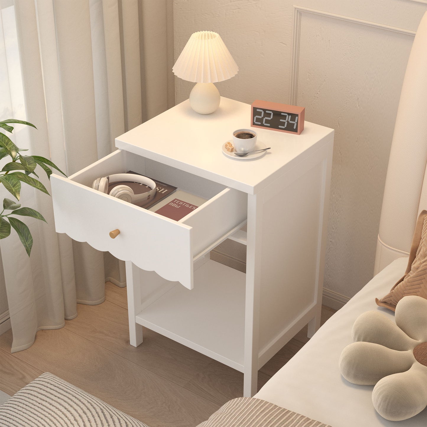 Nightstand With Drawer And Open Shelf, Scalloped Edge Bedside Table - The Sleep Loft - Online Mattress Showroom NYC
